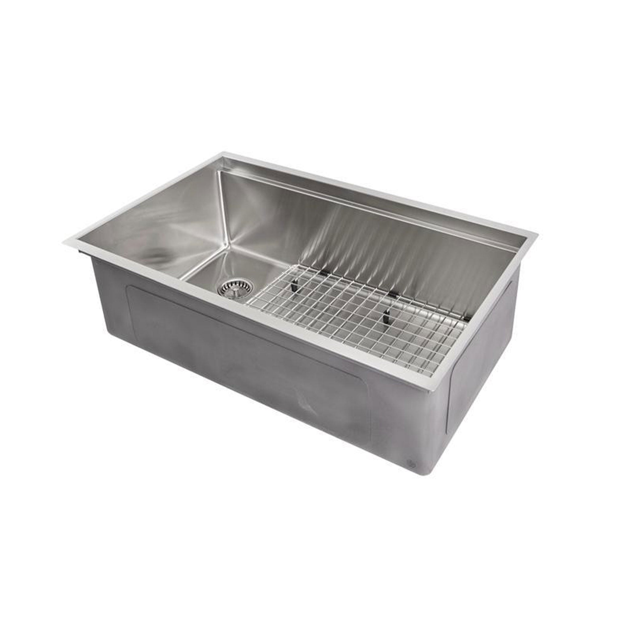 Workstation sink 31” in width with a basin grid and seamless drain.
