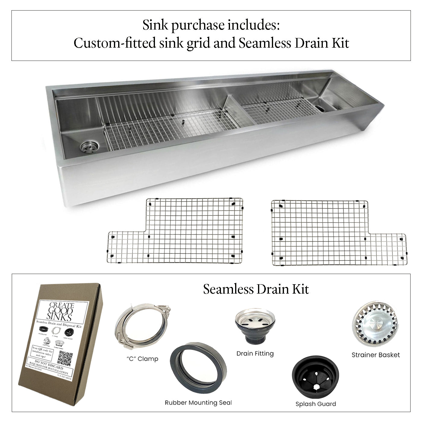 Large 84-inch farmhouse sink with stainless steel grids, featuring an apron front design and double bowl configuration for enhanced functionality.