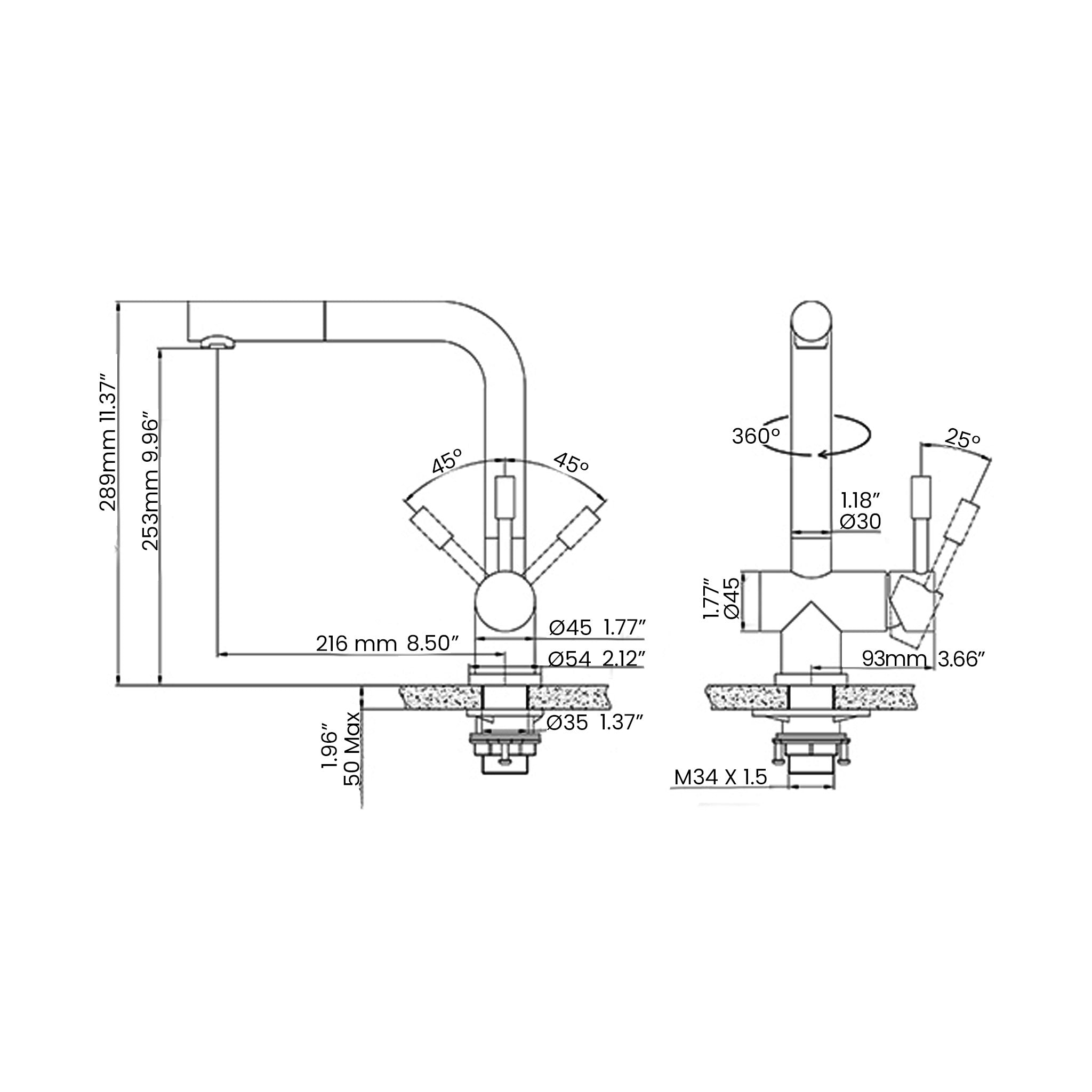Technical drawing of the Ardell Stainless Steel Kitchen Faucet, detailing its dimensions, angles, and installation specifications.
