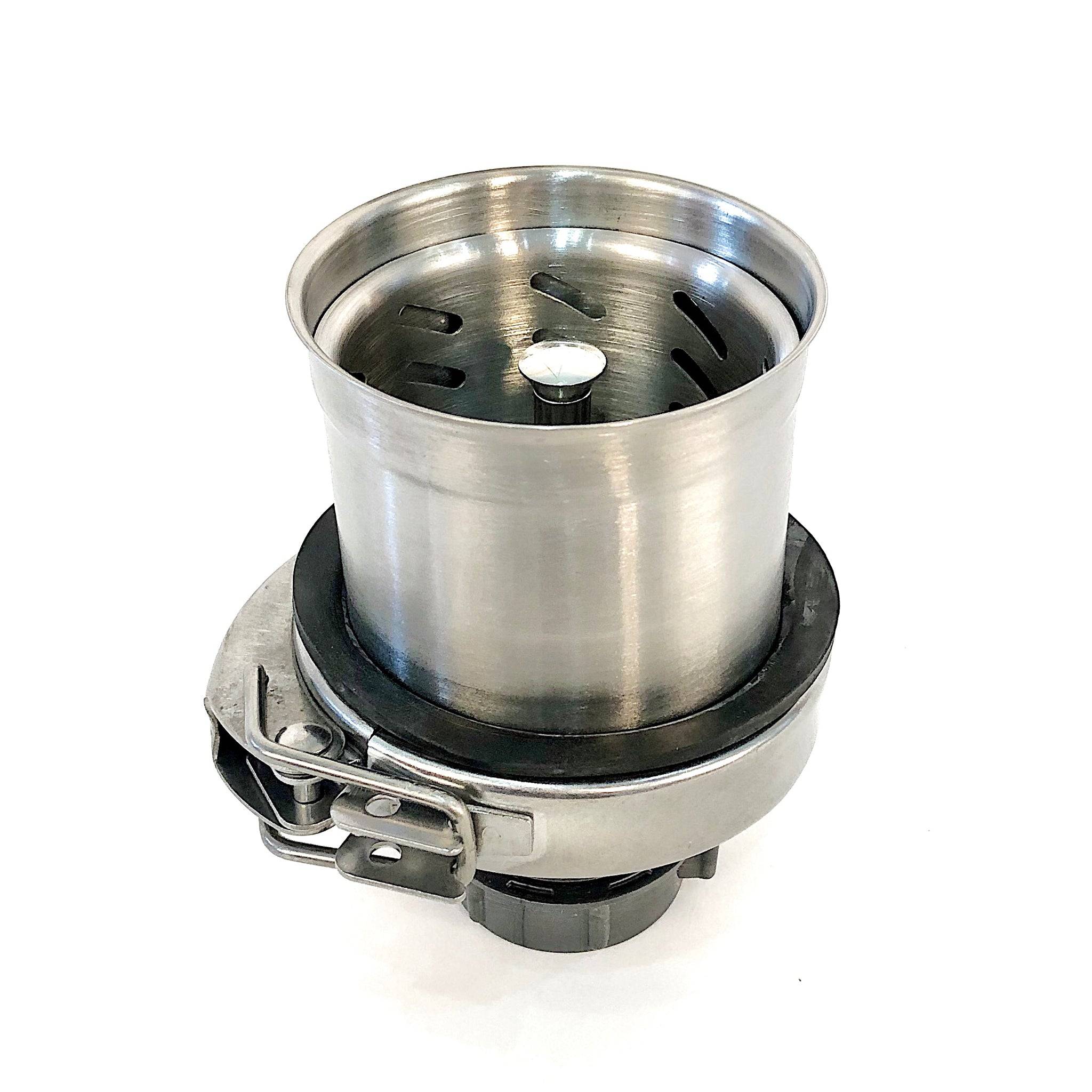 Fully assembled Seamless Composting Deep Drain Kit with stainless steel strainer basket, rubber seal, and secure clamp for efficient drainage.