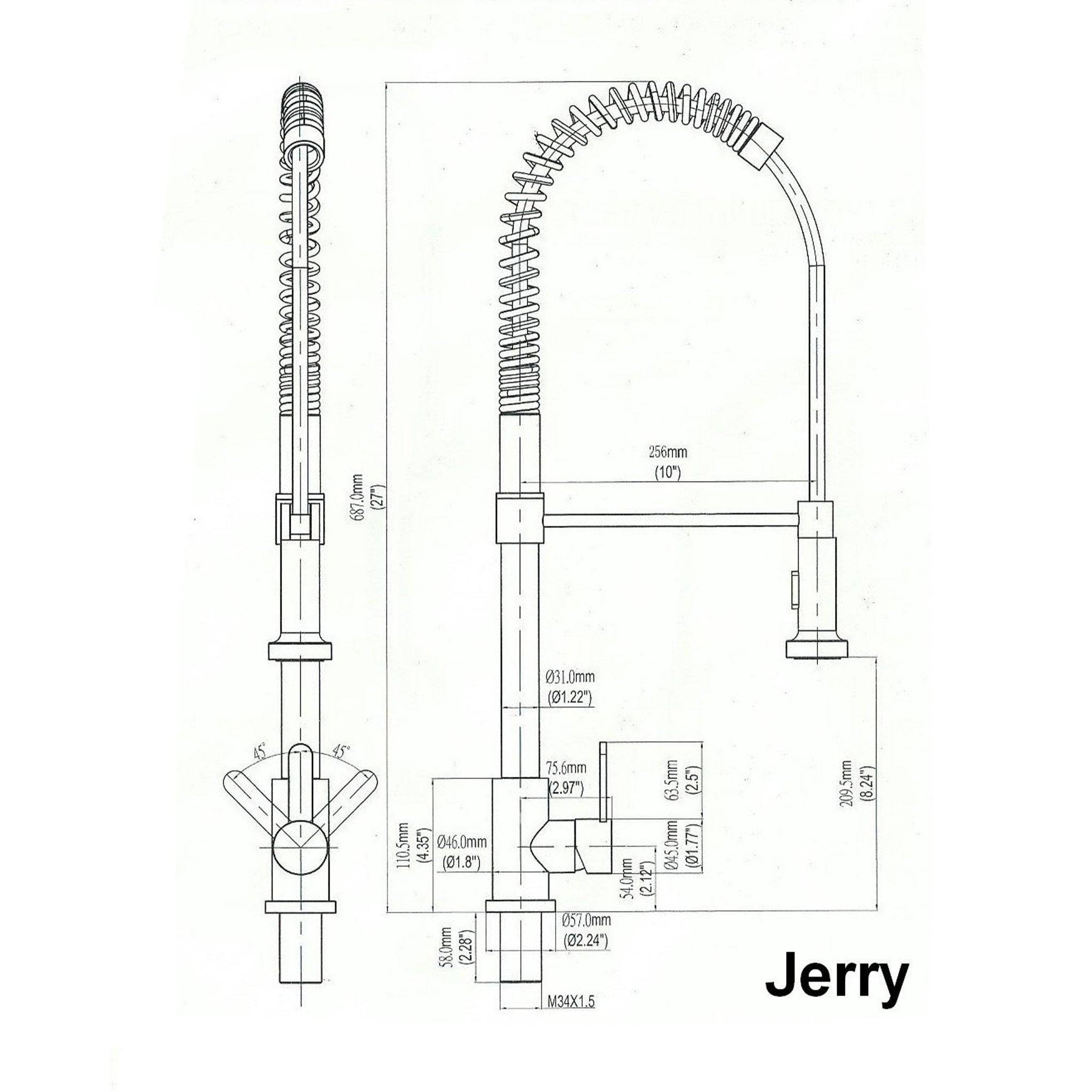 Technical drawing of the Jerry kitchen sink faucet, displaying detailed dimensions and design specifications for installation reference.