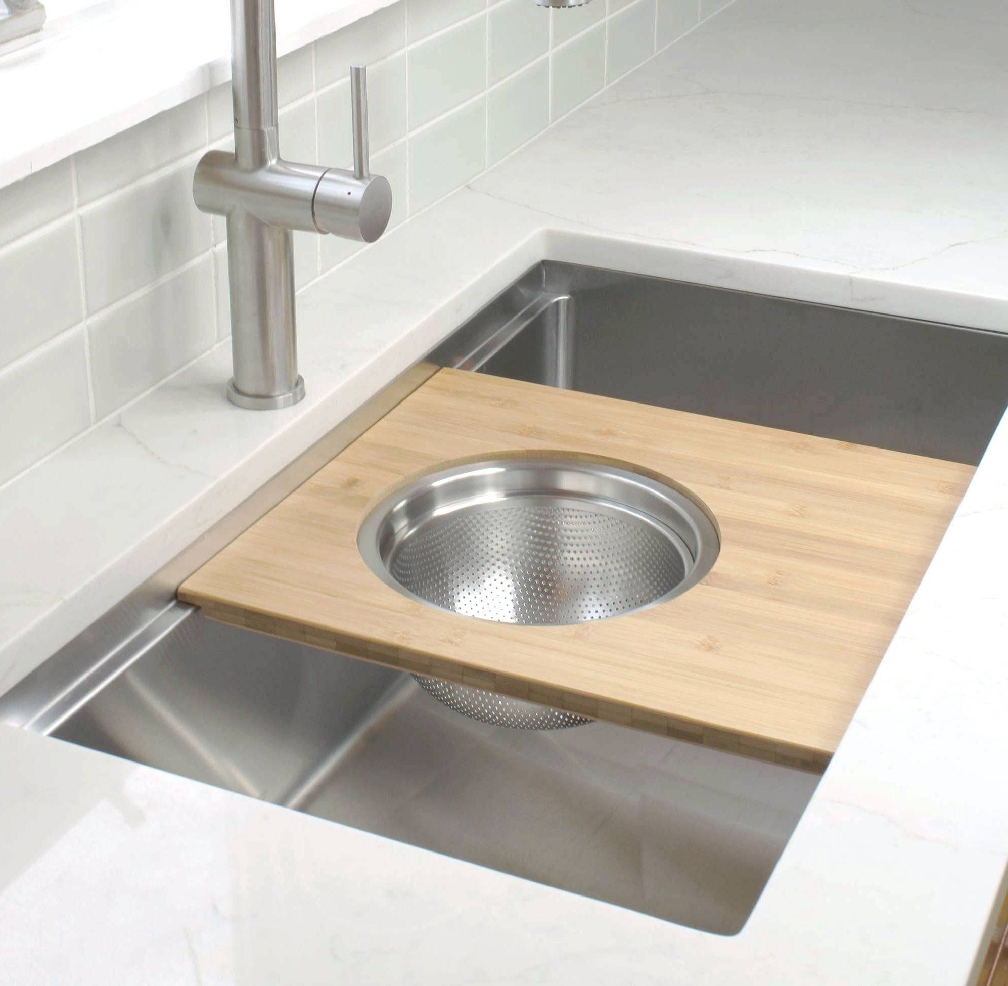Workstation Sink Accessory - 15" Bamboo Cutting Board with 9" Stainless Steel Colander and Mixing Bowl Set