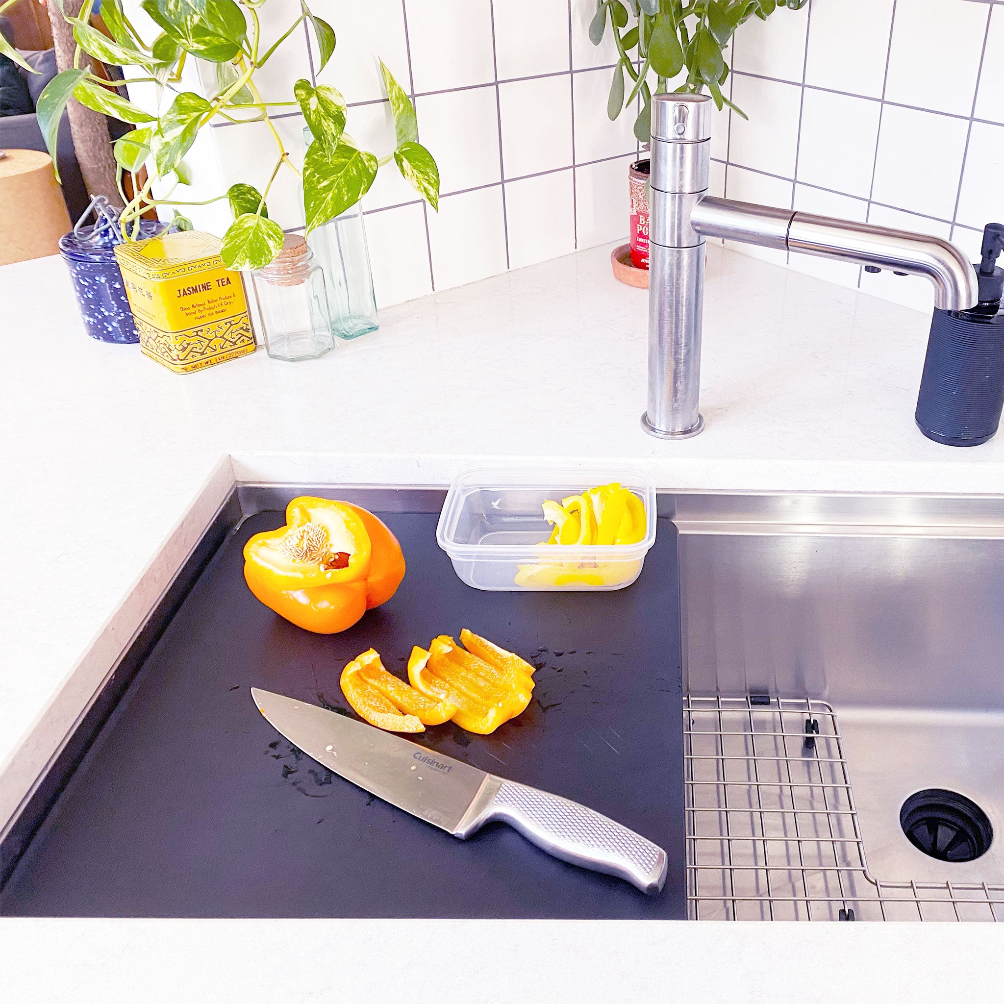 15 inch dishwasher safe black cutting board for workstation sink from Create Good Sinks