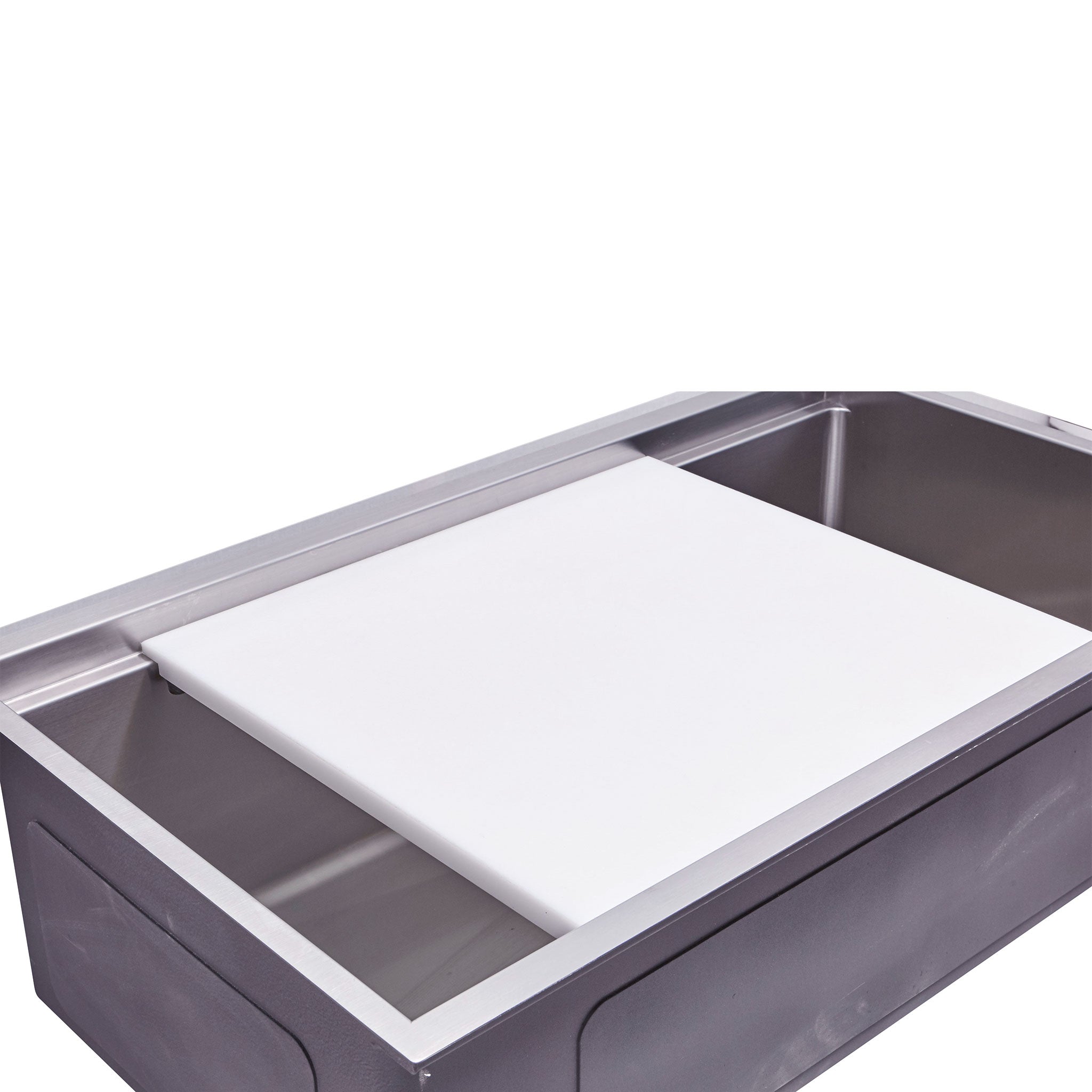 18 inch dishwasher safe white cutting board on workstation sink from Create Good Sinks