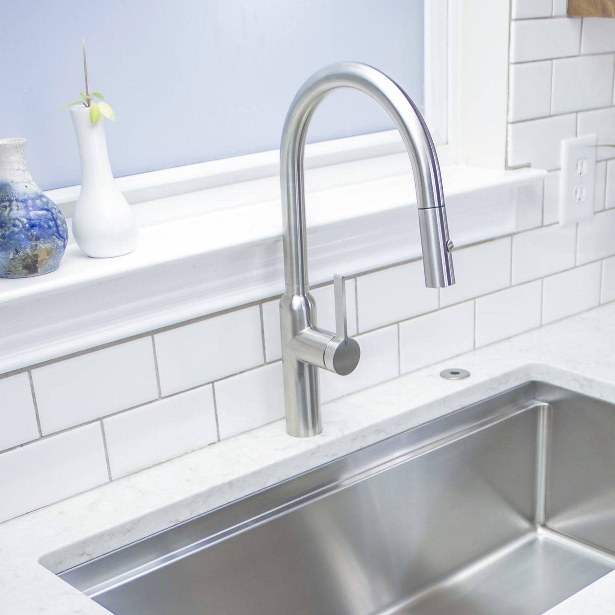 Stainless Steel Paulette Kitchen Faucet pull out sprayer head in workstation sink from Create Good Sinks