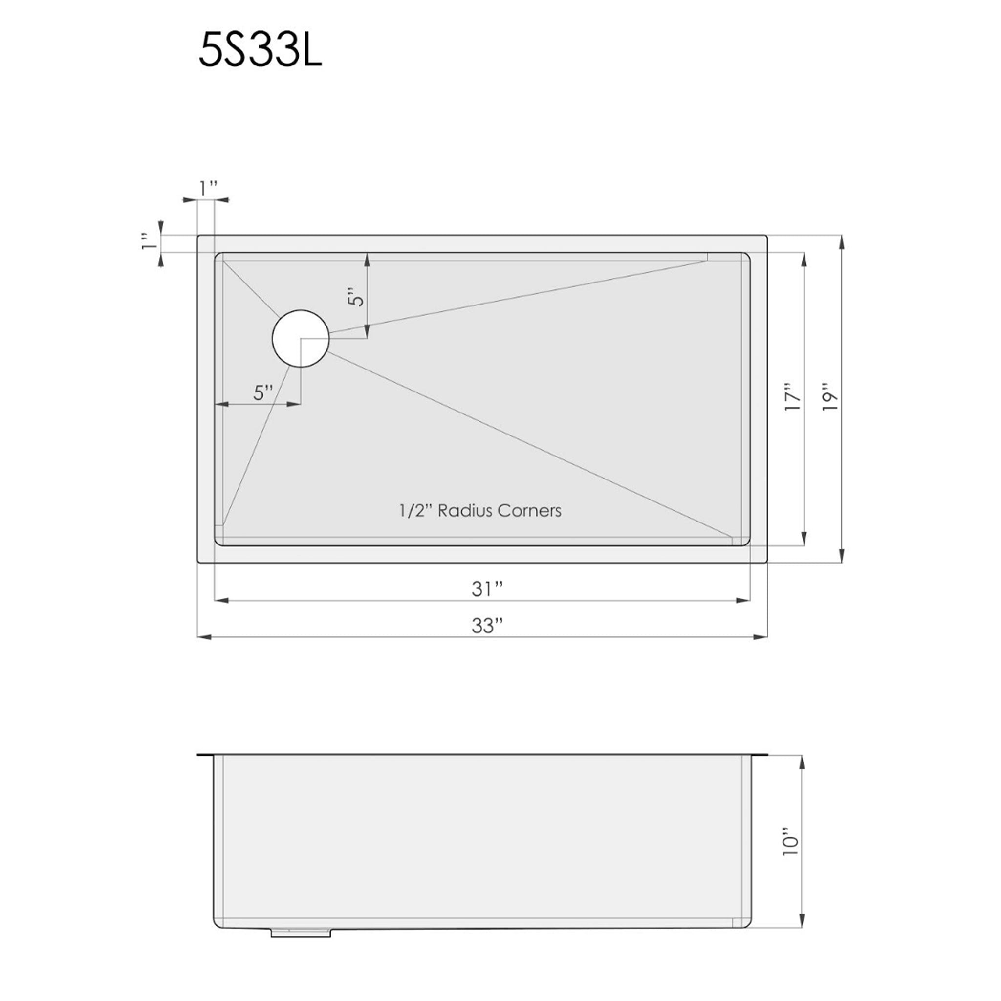 Dimensions of Create Good Sinks 33 inch single bowl undermount classic sink with offset drain to the left and 10 inch depth.