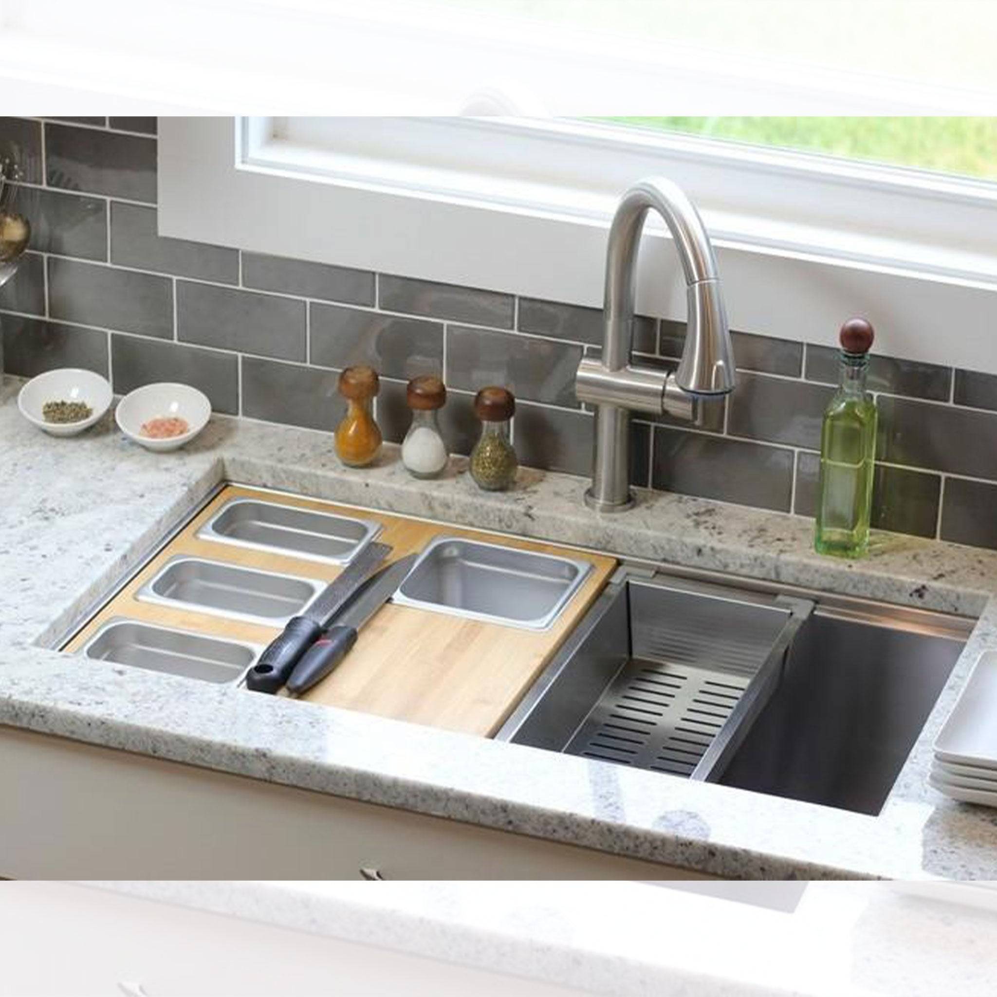 Stainless steel colander accessory for workstation kitchen sink