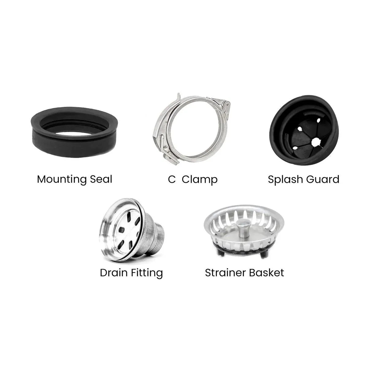 Complete drain kit with splash guard, mounting seal, C clamp, drain fitting, and strainer basket. Essential plumbing parts for sink drain assembly.