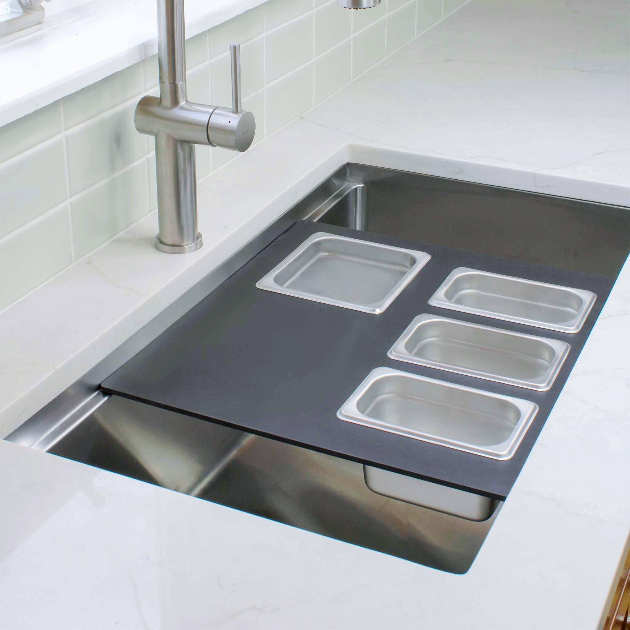 18 inch workstation sink accessory black cutting board with stainless steel serving bowls and lids