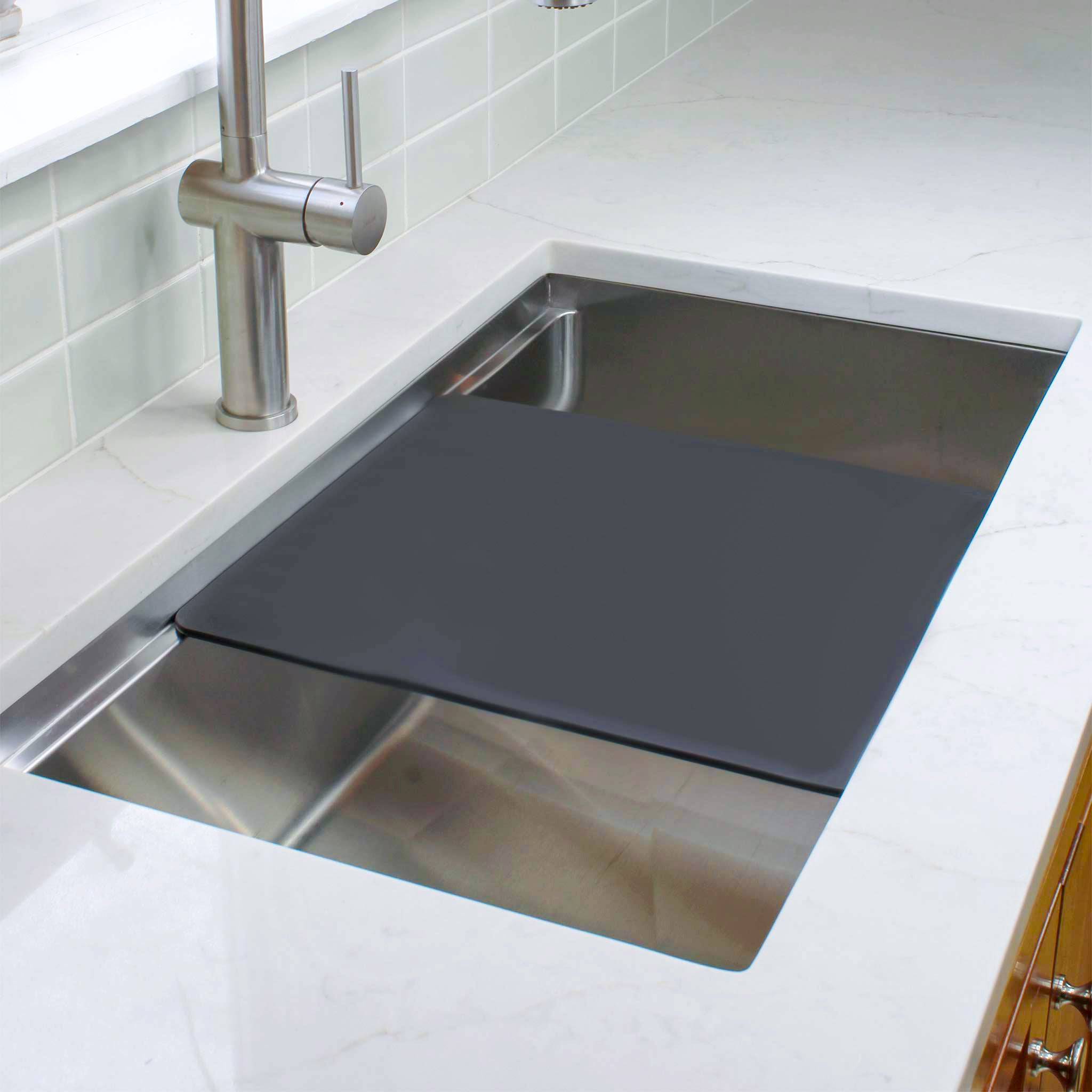 15 inch dishwasher safe black cutting board for workstation sink from Create Good Sinks