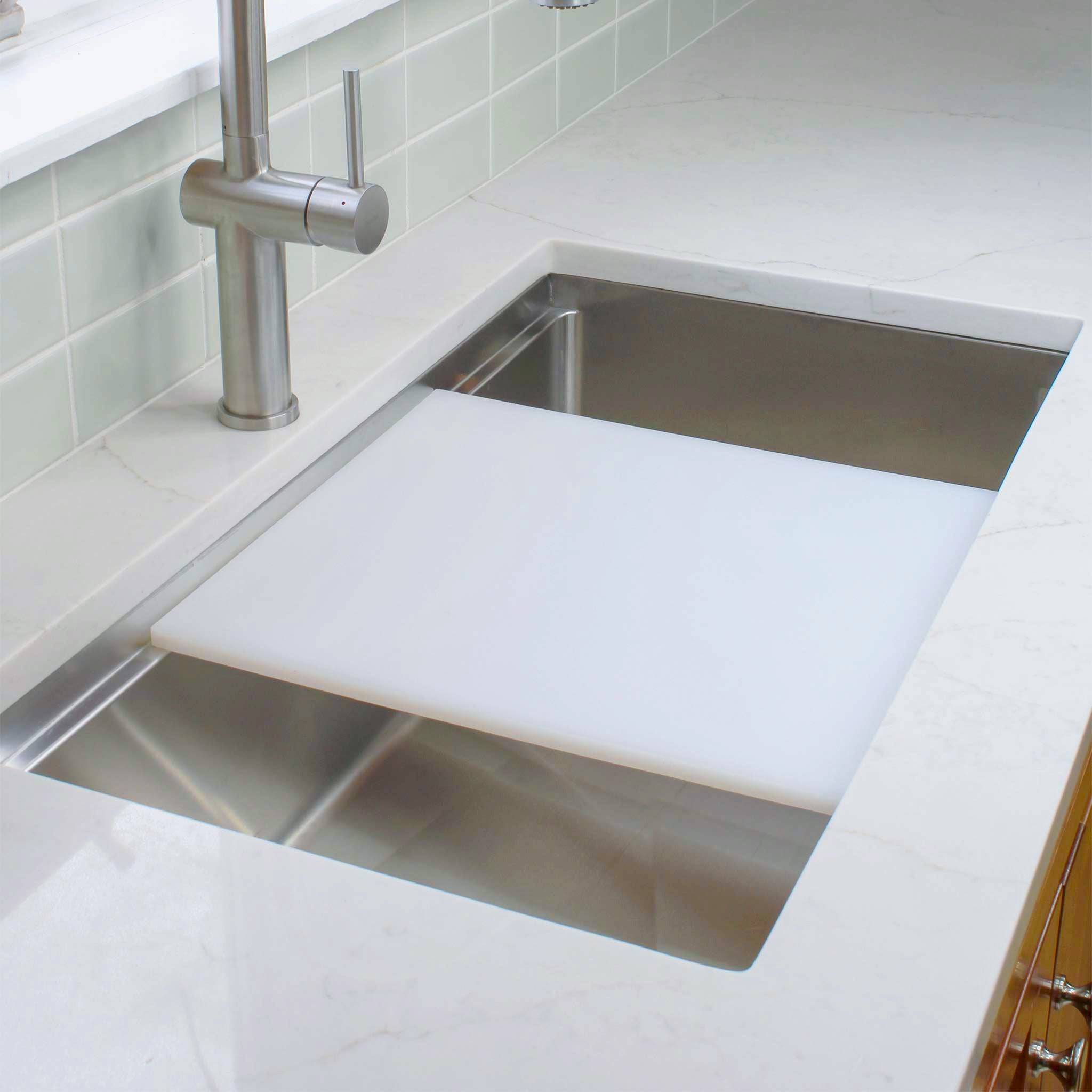15 inch dishwasher safe white cutting board for workstation sink from Create Good Sinks