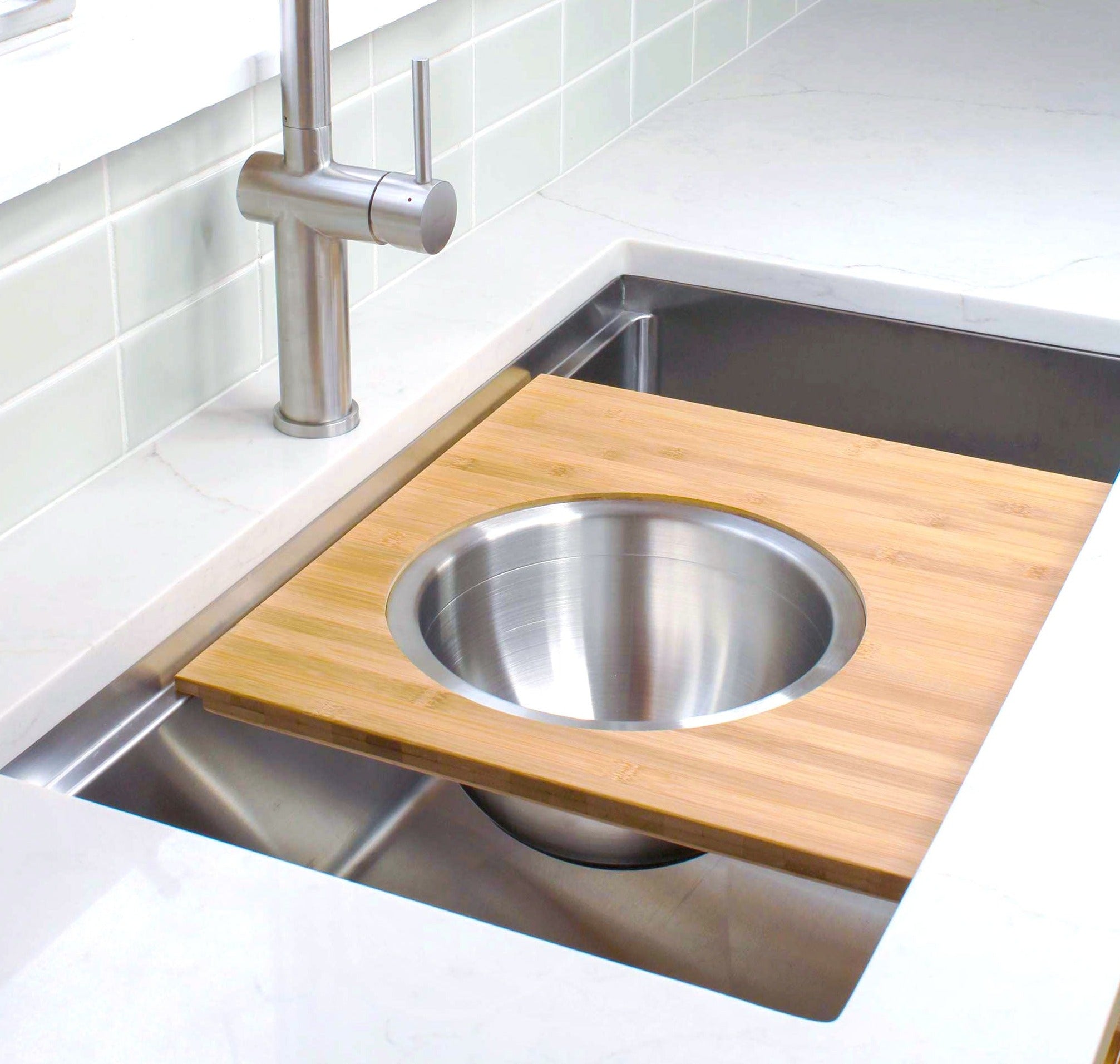 Workstation Sink Accessory - 18" Bamboo Cutting Board with 11" Stainless Steel Colander and Mixing Bowl