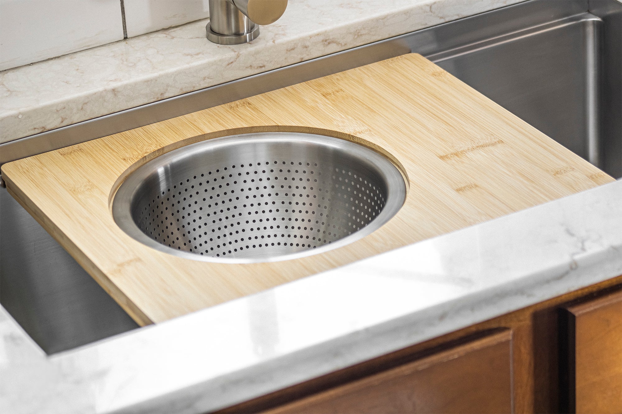 Workstation Sink Accessory - 18" Bamboo Cutting Board with 11" Stainless Steel Colander and Mixing Bowl