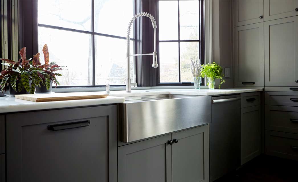 Create Good Sinks apron front farmhouse kitchen sink in stainless steel.