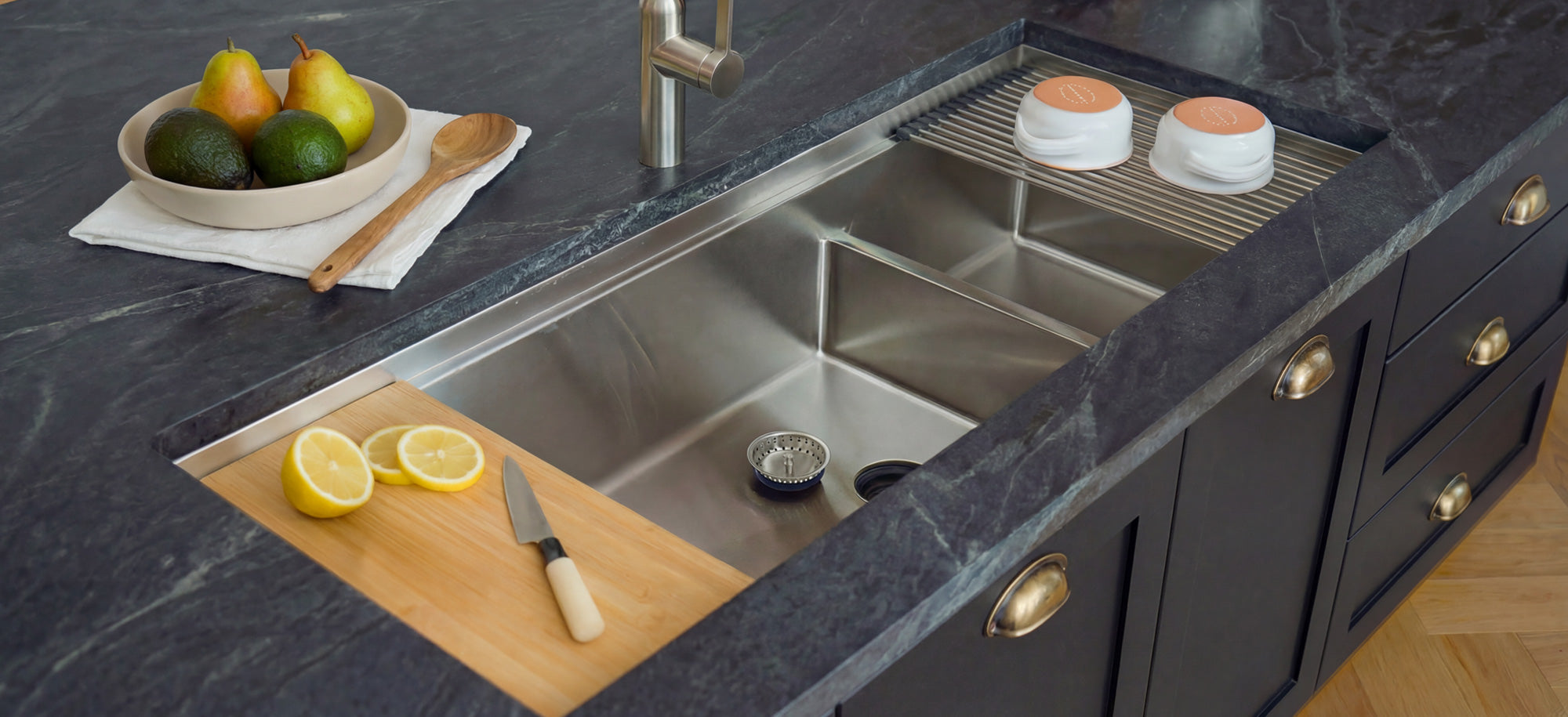 Create Good Sinks double bowl workstation kitchen sink with drying rack and cutting board