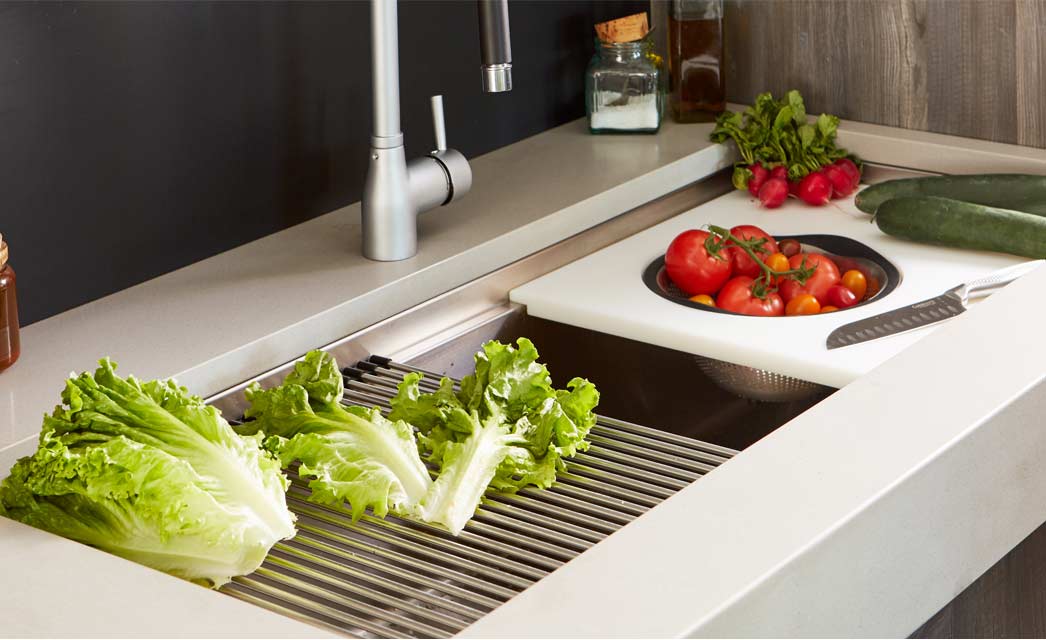 Create Good Sinks stainless steel undermount workstation kitchen sink with integral accessory ledge and sink accessories.