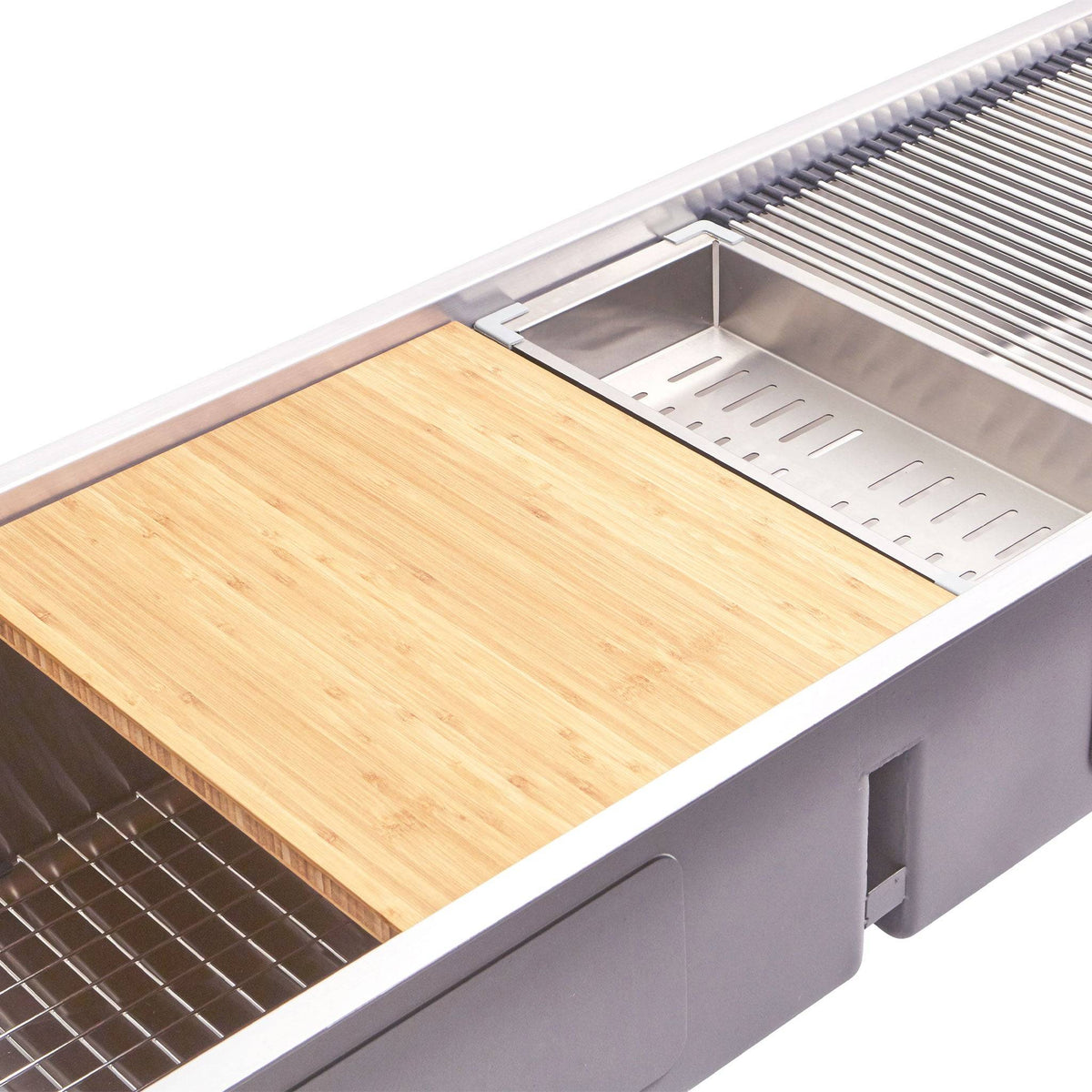 Ledge sink accessory package roll mat colander cutting board grid