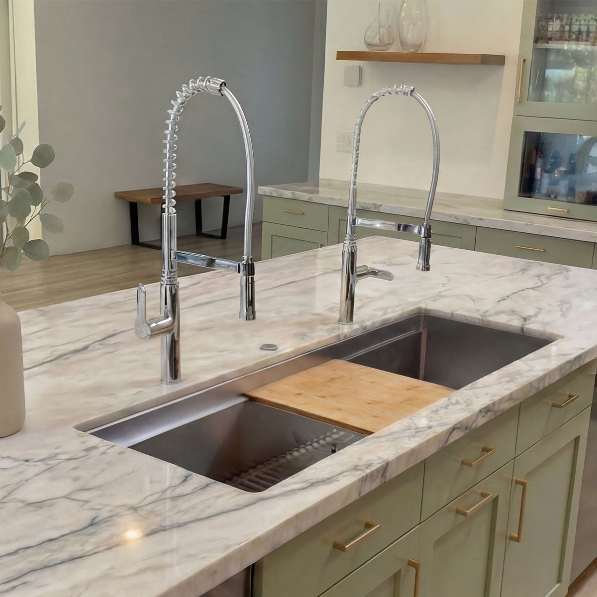 Create Good Sinks stainless steel undermount kitchen sink with cutting board and drying rack.