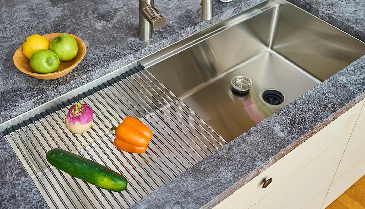 Create Good Sinks workstation kitchen sink with offset drain and drying rack