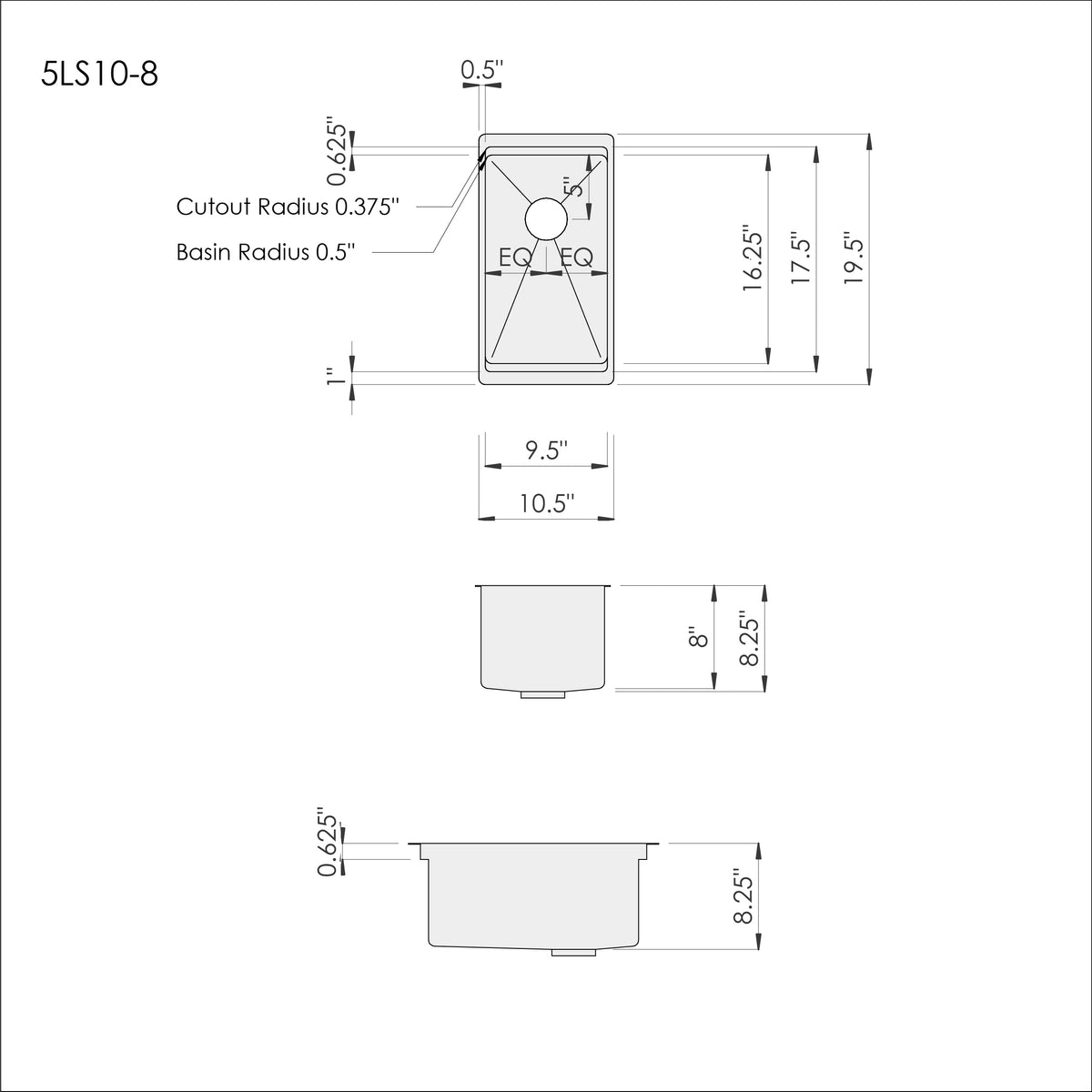 Dimensions for Create Good Sinks 10 inch stainless steel undermount workstation sink. Great size sink for bar, prep area, or coffee station.