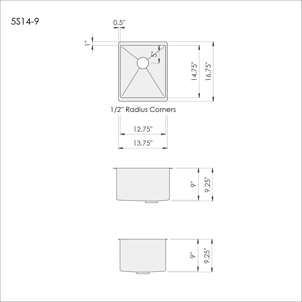 Dimensions of Create Good Sinks' 14 inch stainless steel  undermount traditional bar sink