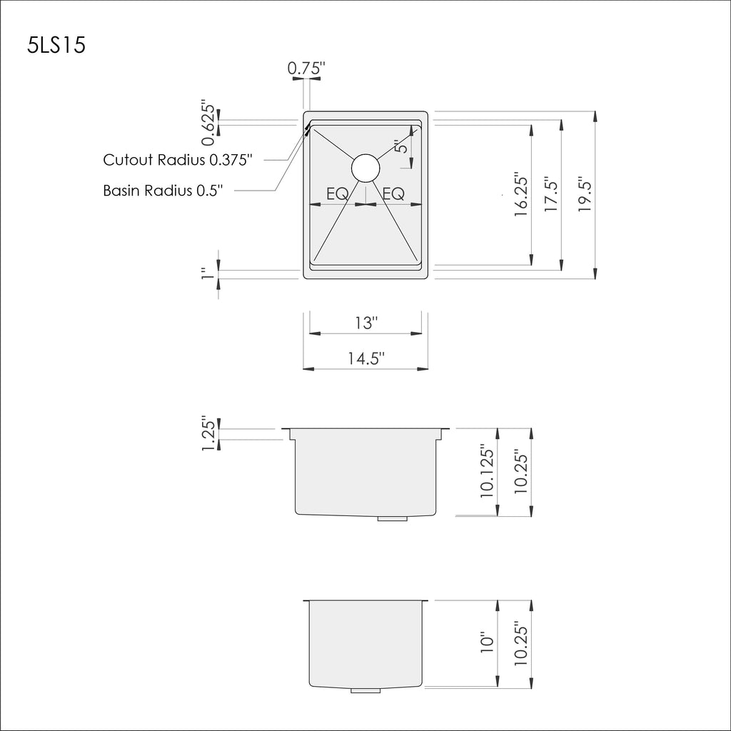 Technical drawing of the 15-inch stainless steel workstation bar sink with precise dimensions. Ideal for planning kitchen or bar installations.