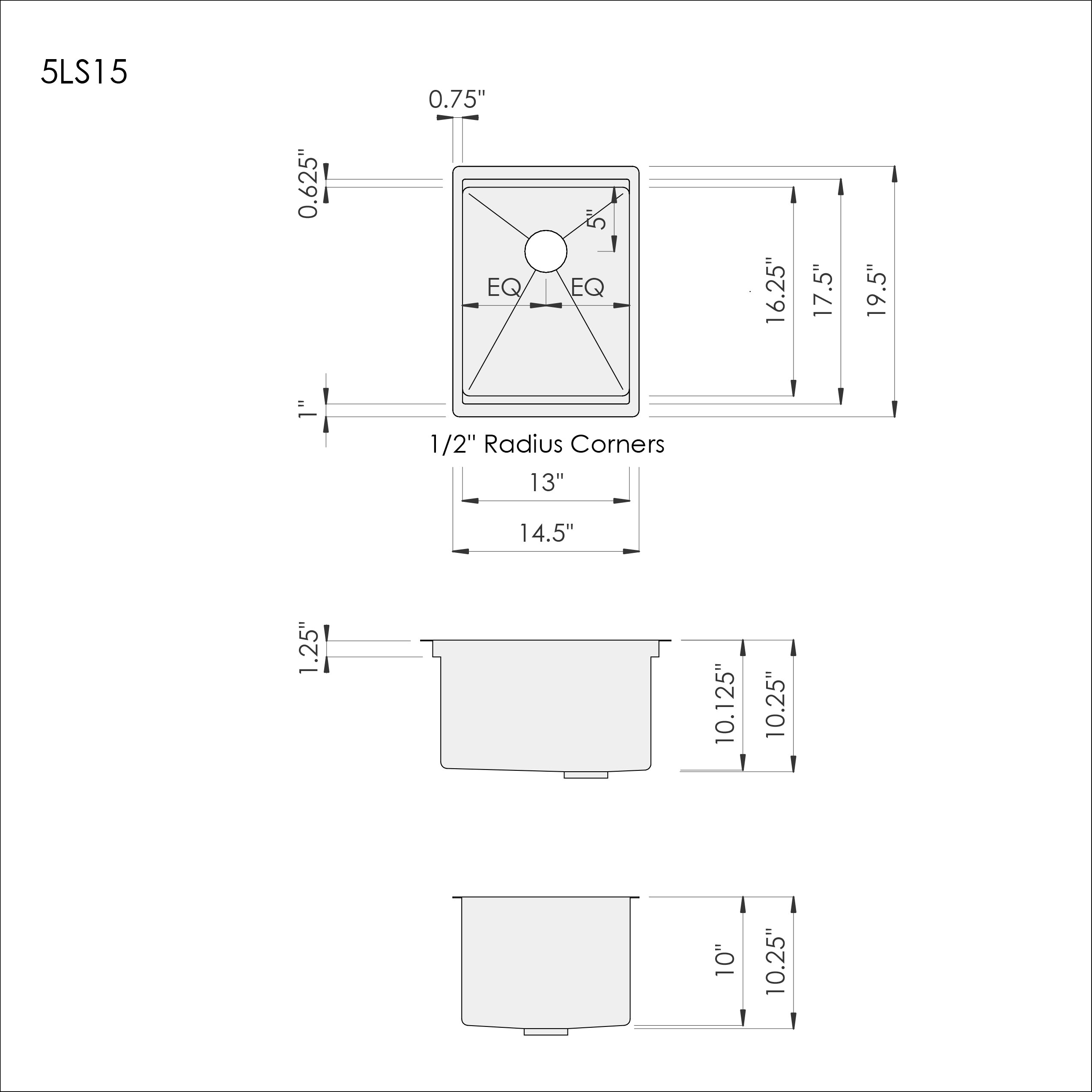 Dimensions of Create Good Sinks 15 inch stainless steel undermount workstation sink. The perfect size for a bar or prep area. Seamess Drain design