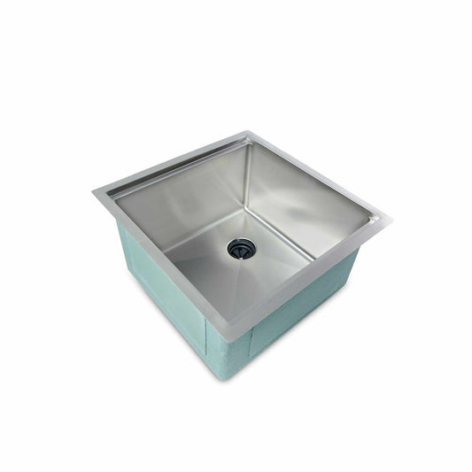 19 inch workstation sink for home bar or prep area, right offset drain, seamless drain design, seamless sink, half inch radius easy clean corners.