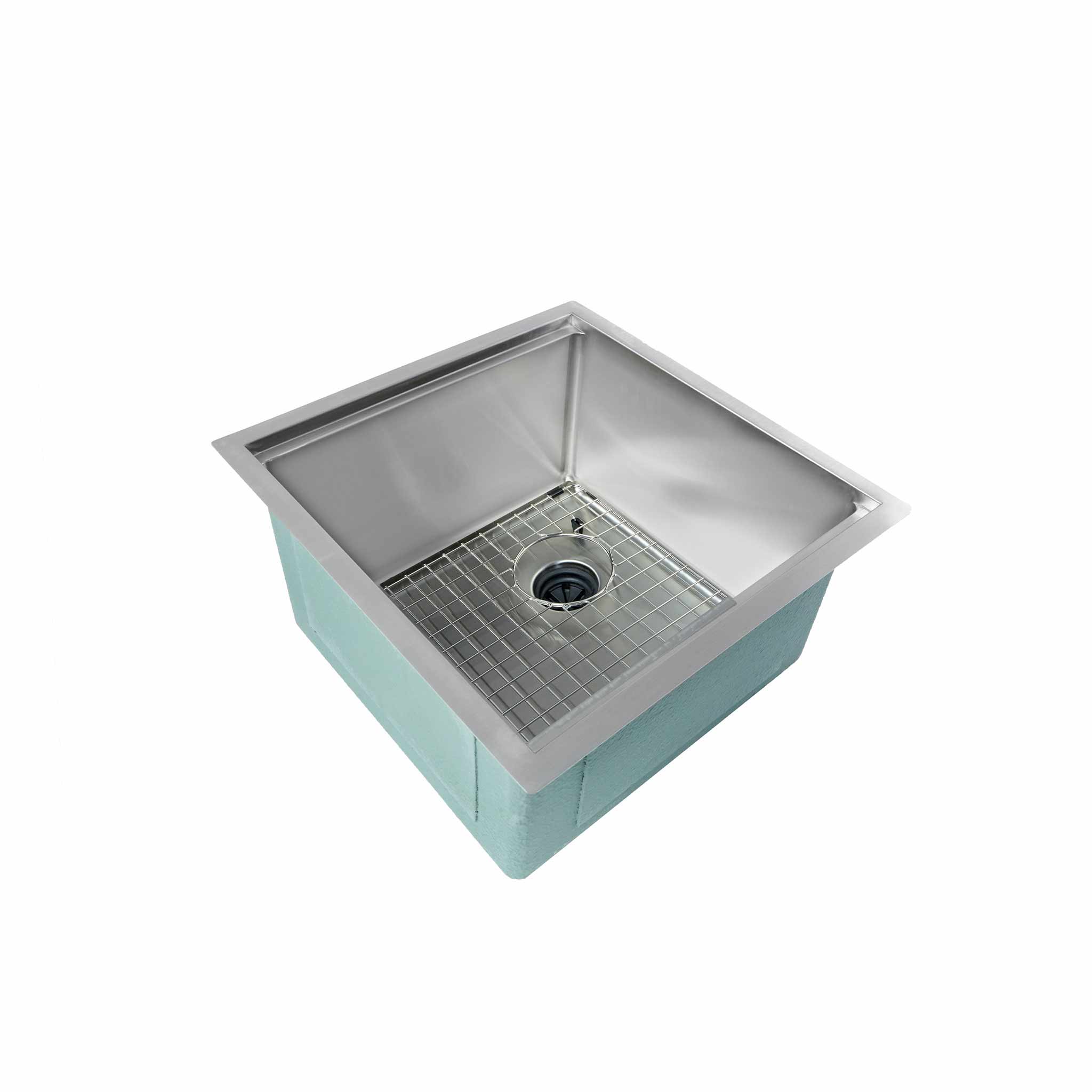19”, Prep Kitchen Sink with basin-protecting stainless steel sink grid.