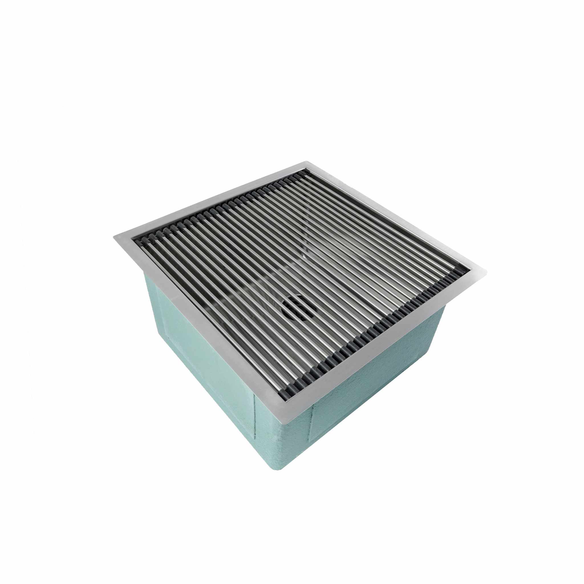 Stainless steel 19-inch workstation prep sink with a roll-up drying rack. Single bowl undermount sink with an offset right drain.