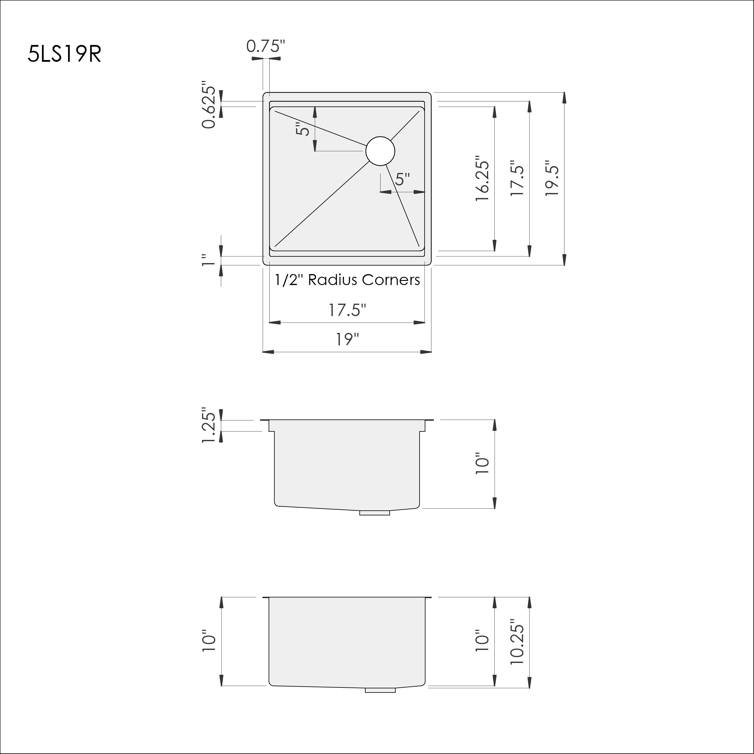 Dimensions for Create Good Sinks 19 inch stainless steel undermount workstation kitchen sink. Ten inches deep, right offset drain, seamless drain. Bar or prep sink.