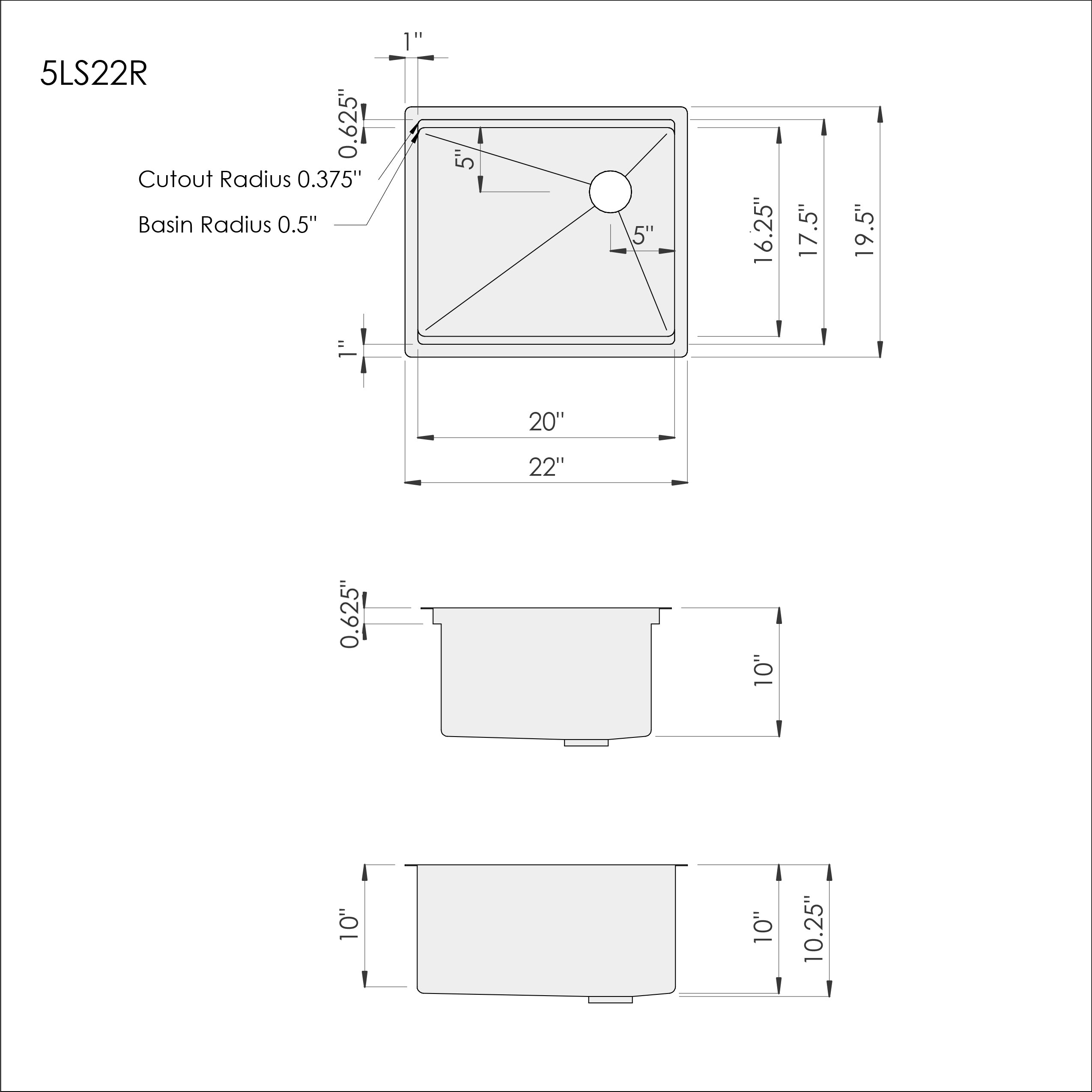 Technical drawing of the 22-inch workstation prep sink (model 5LS22R). Includes dimensions, cutout radius, and basin radius details.