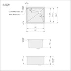 Technical drawing of the 22-inch workstation prep sink (model 5LS22R). Includes dimensions, cutout radius, and basin radius details.