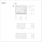Technical diagram of 22-inch stainless steel undermount prep sink. Displays dimensions, 1/2-inch radius corners, and right offset drain placement.