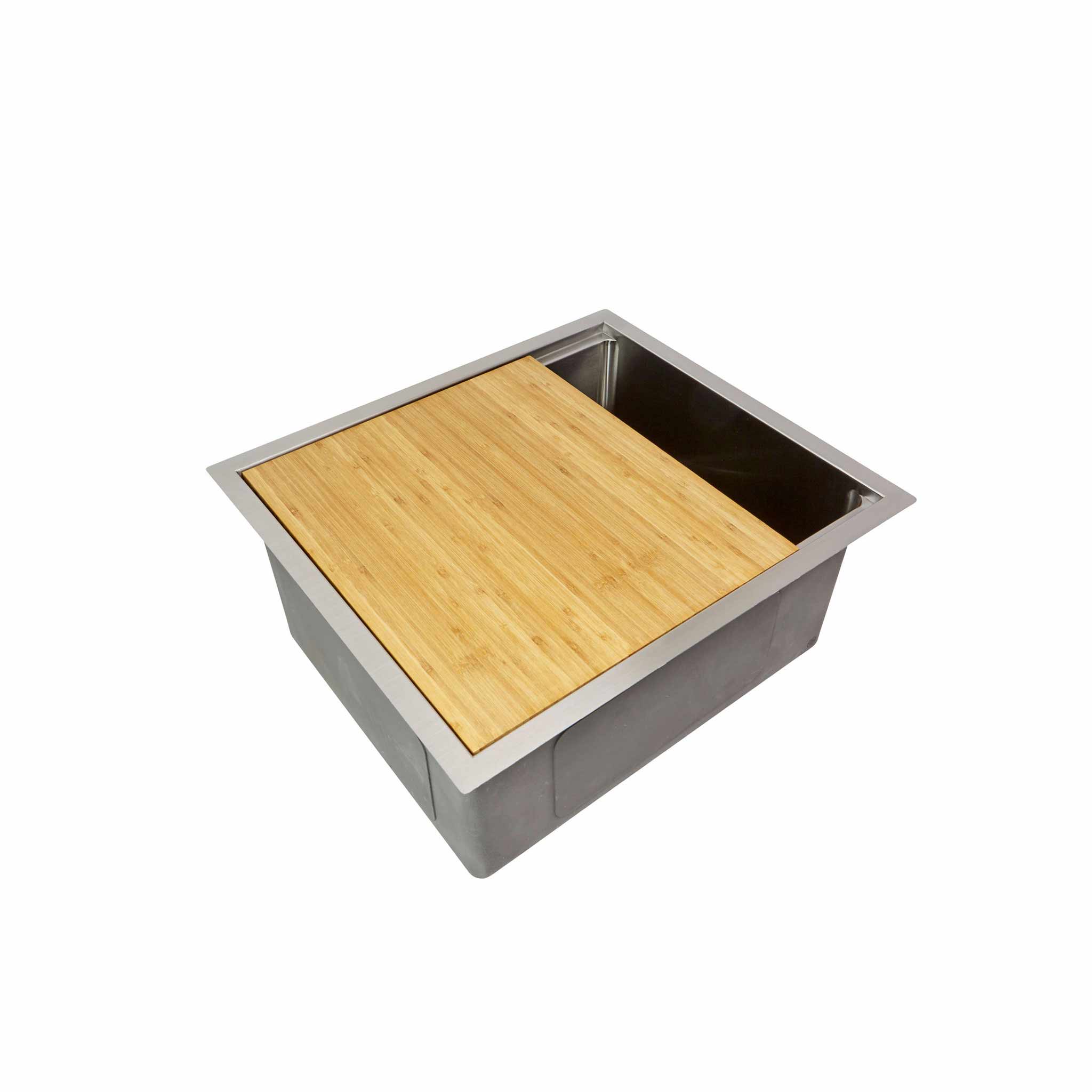 22-inch stainless steel workstation sink with a fitted bamboo cutting board. Designed for efficient food prep and kitchen organization.