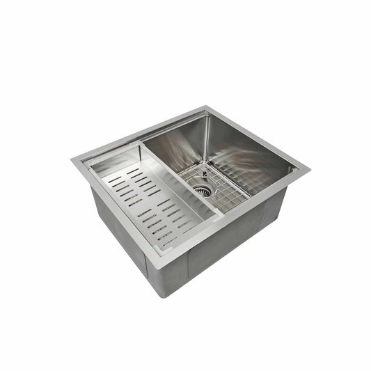22" stainless steel workstation prep sink with offset seamless drain, sink grid, and colander accessory for the built in ledge
