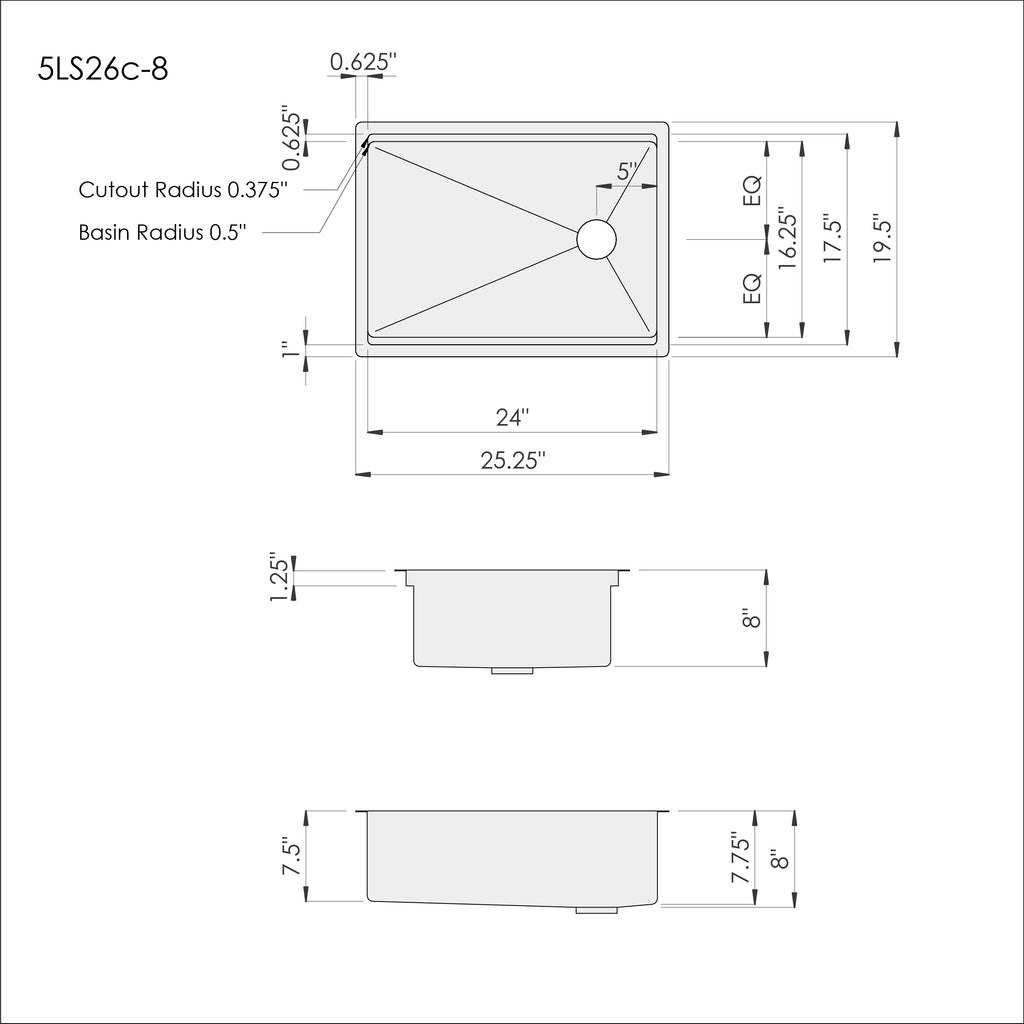 26 inch single bowl stainless steel undermount workstation sink dimensions with 8 inch depth and reversible offset drain