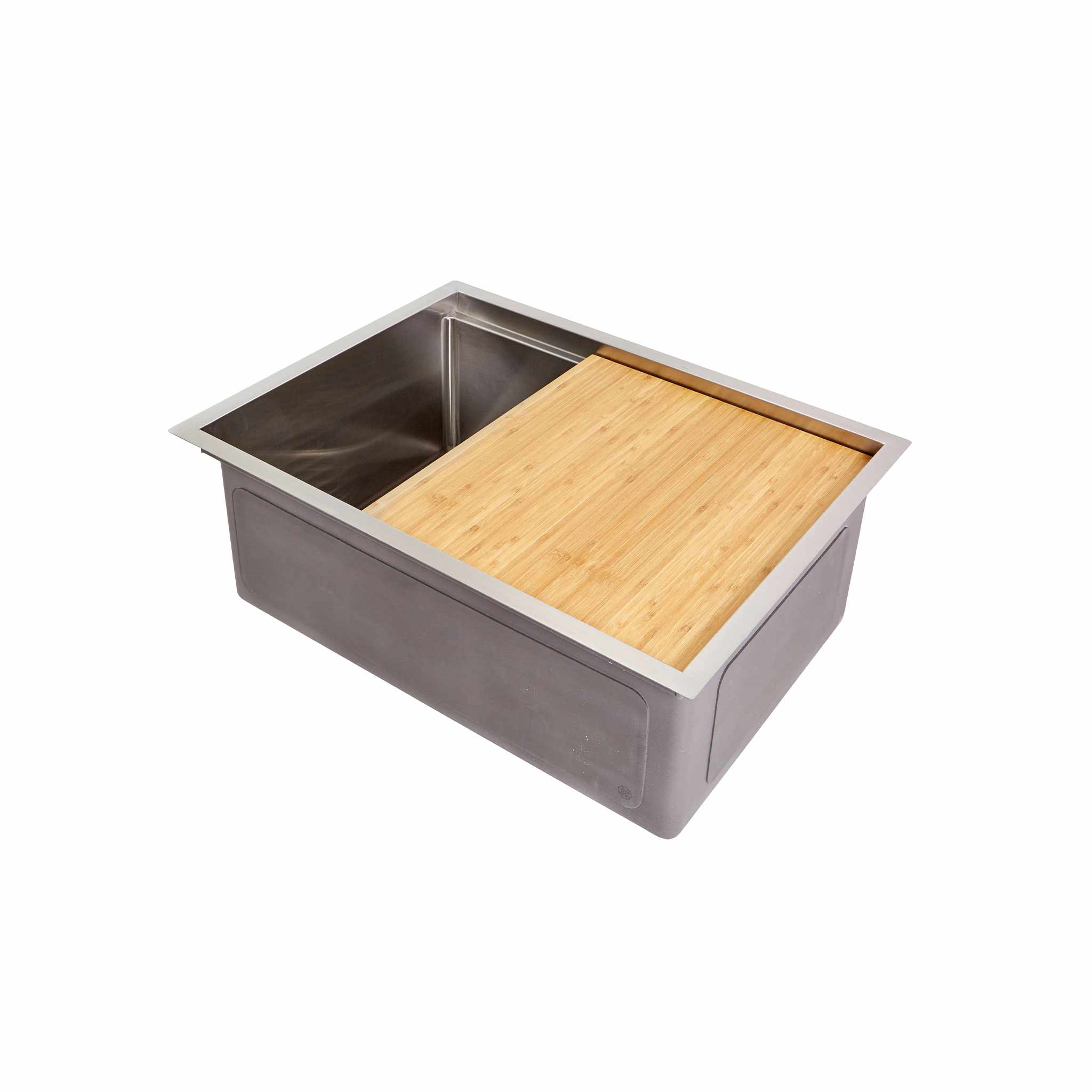 26" workstation kitchen sink with a bamboo cutting board accessory for the sink’s ledge.