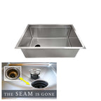 26 inch stainless steel undermount workstation sink with eight inch depth and reversible seamless drain. The Seam is Gone.