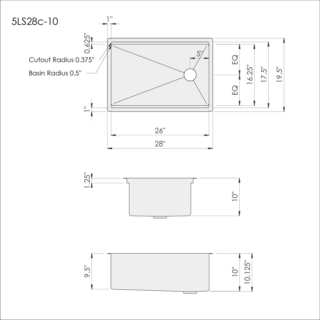 Dimensions of CGS 28 inch stainless steel undermount workstation sink with reversible offset drain and 10 inch depth
