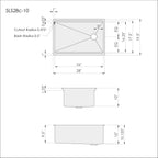 Dimensions of CGS 28 inch stainless steel undermount workstation sink with reversible offset drain and 10 inch depth