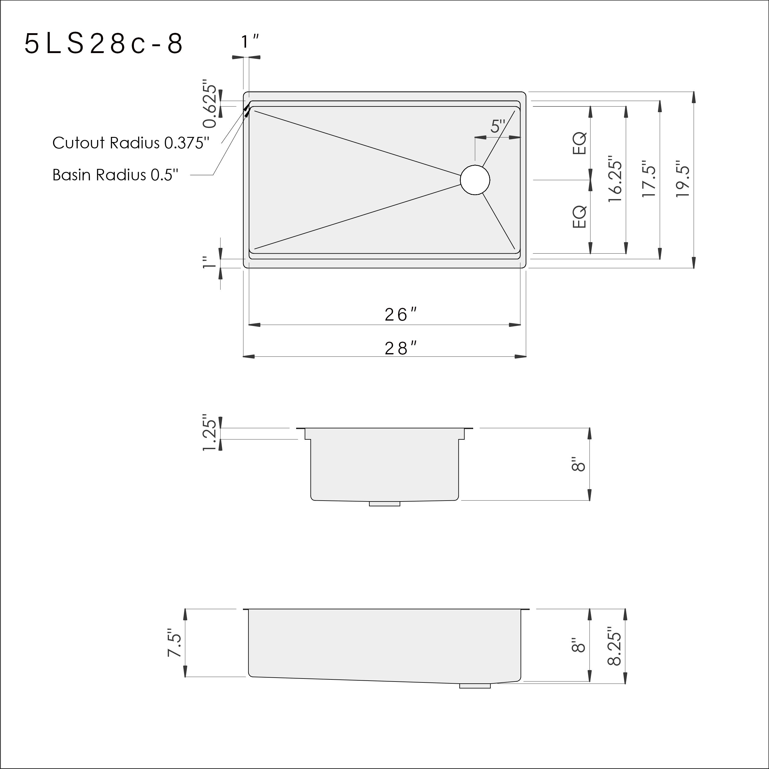 28 inch stainless steel workstation sink with 8 inch depth and offset reversible drain dimensions
