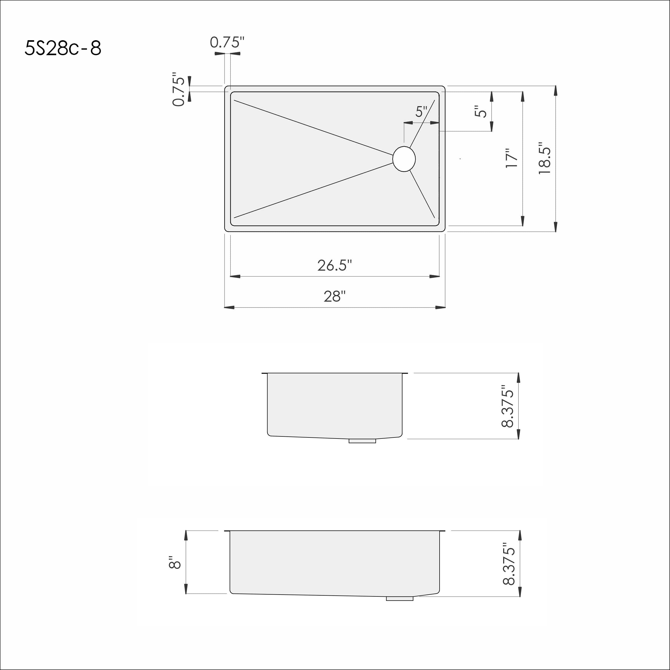 28" Stainless Steel Undermount Kitchen Sink - Single Bowl - Offset Reversible Drain - 8" Depth (5S28c-8)