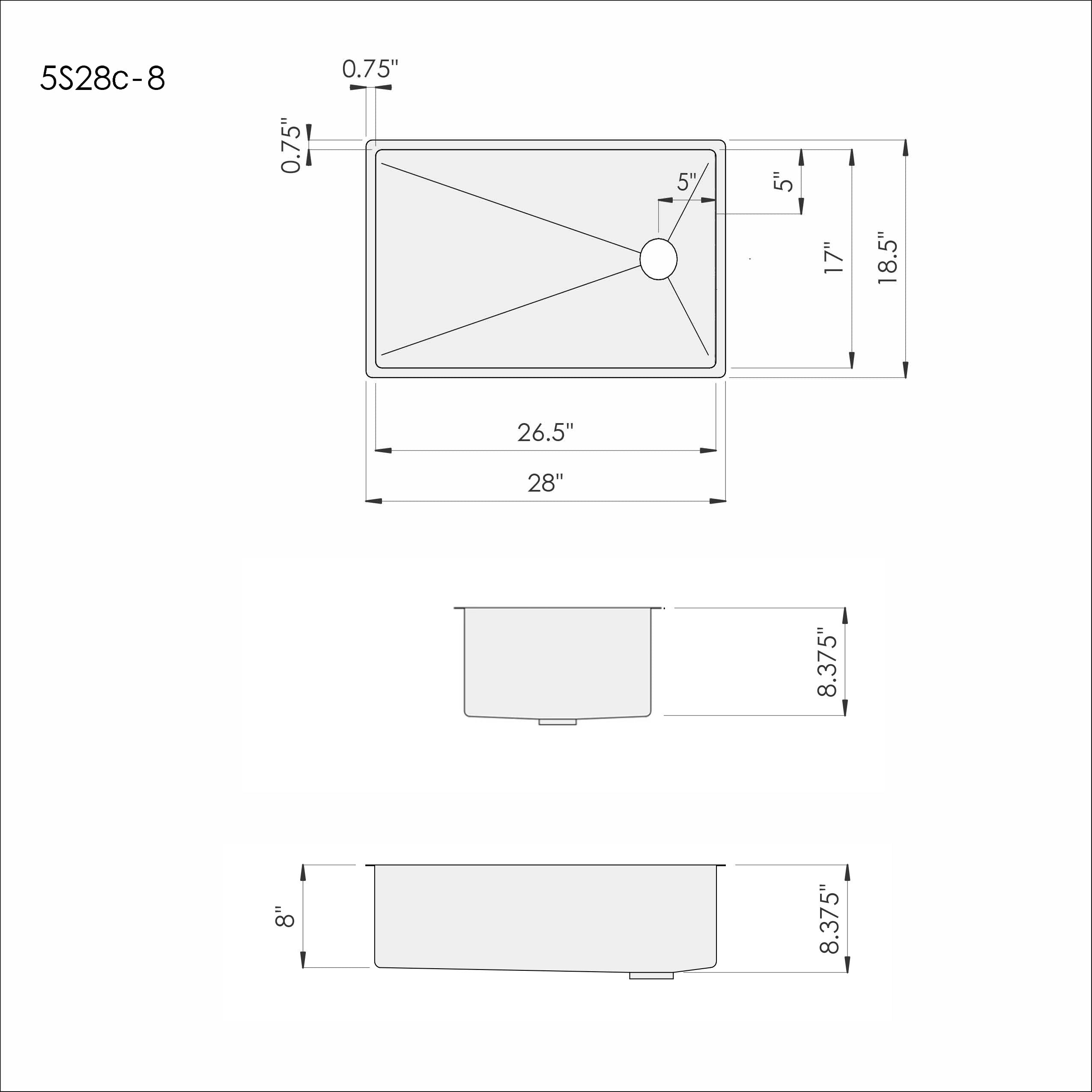 28 inch stainless steel undermount kitchen sink 8 inch depth reversible offset drain dimensions