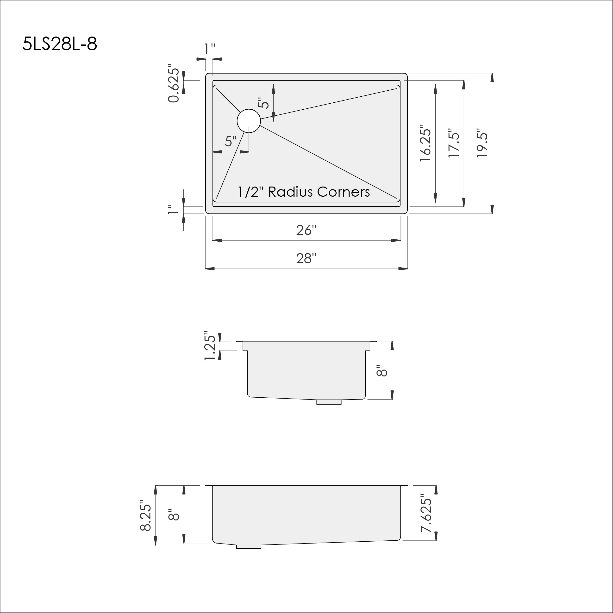 Dimensions for 28 inch stainless steel undermount workstation sink with drain offset to the left. Features Create Good Sinks' patented seamless drain.