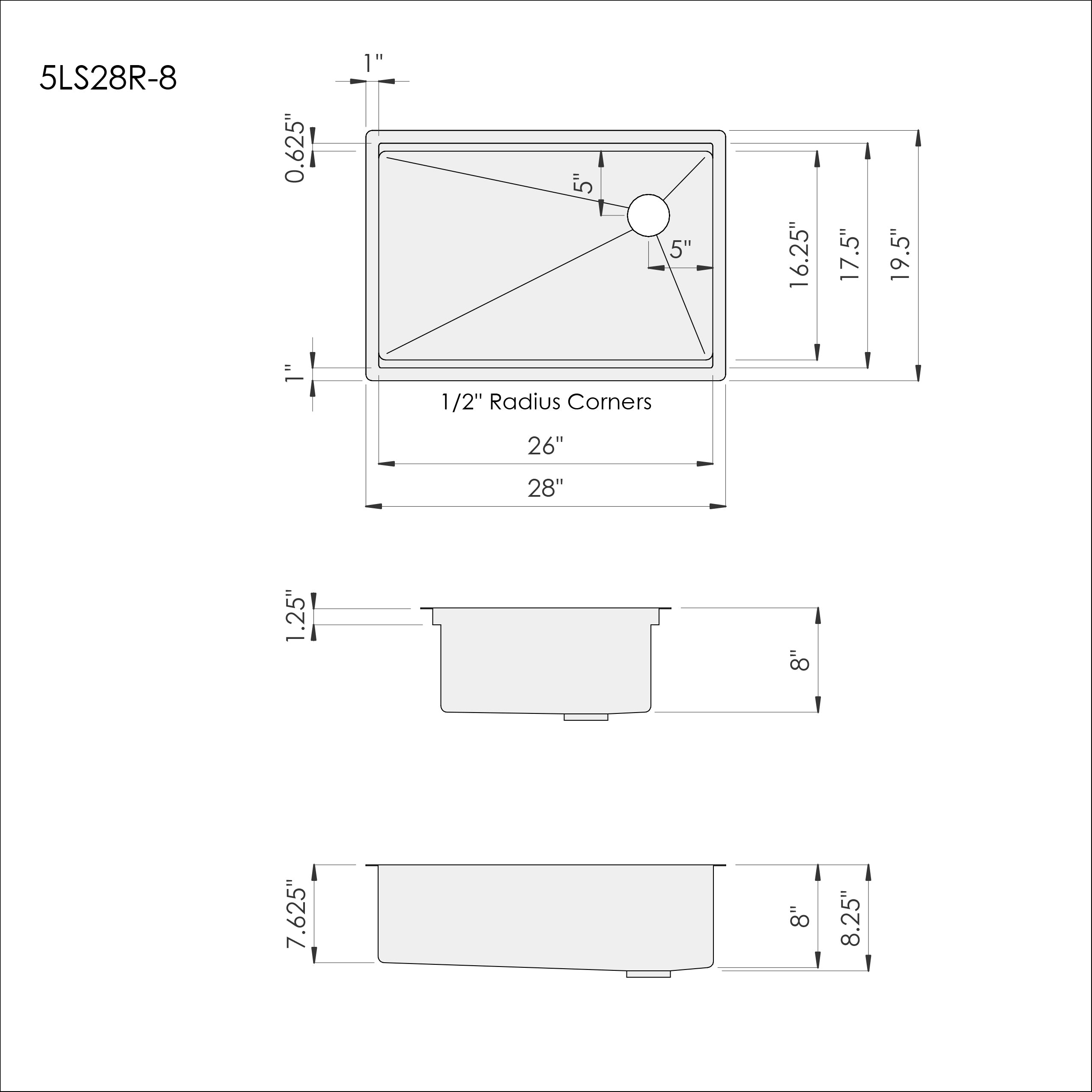 Dimensions of CGS 28 inch stainless steel undermount workstation sink with 8 inch depth and offset drain to the right sink