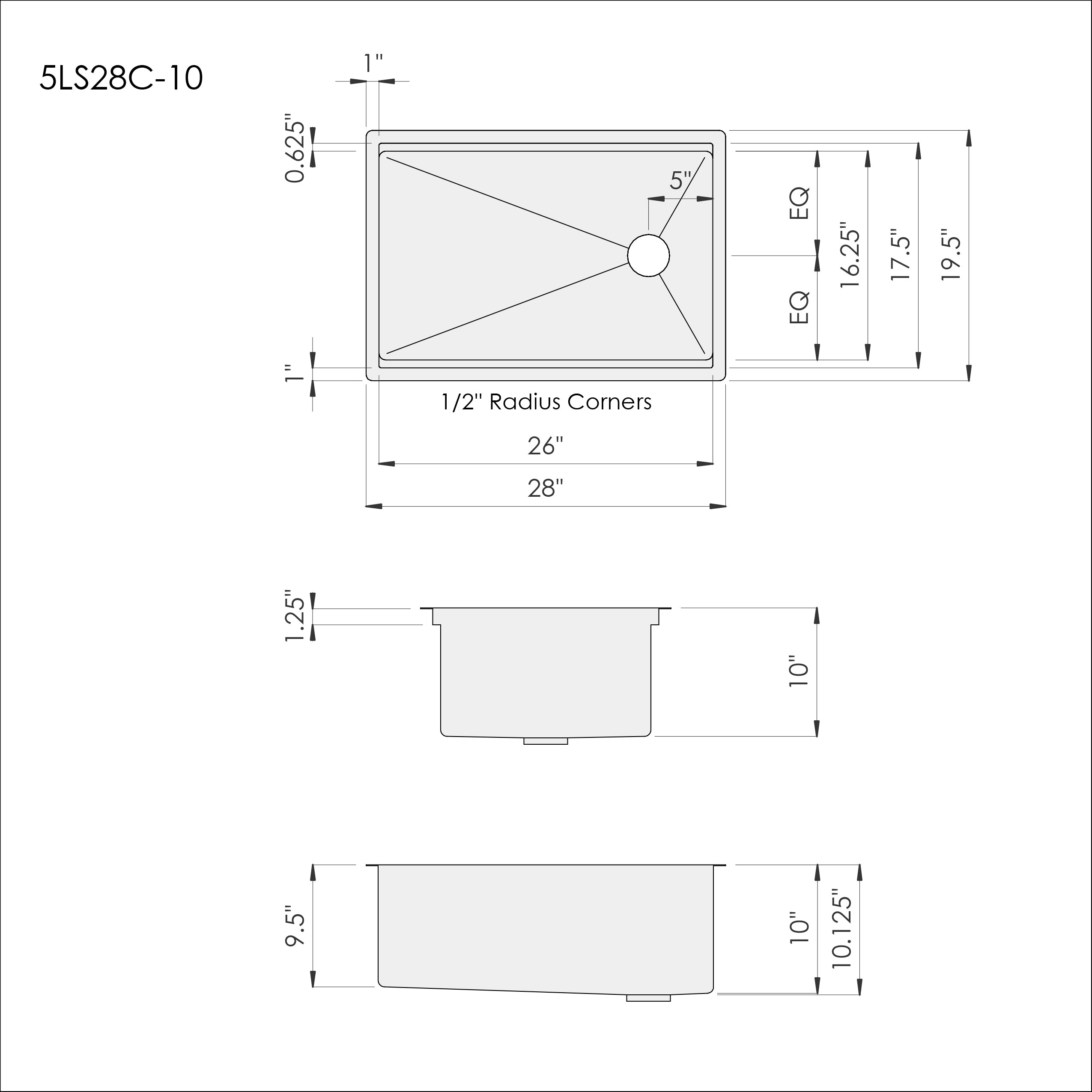 Dimensions of CGS 28 inch stainless steel undermount workstation sink with reversible offset drain and 10 inch depth 