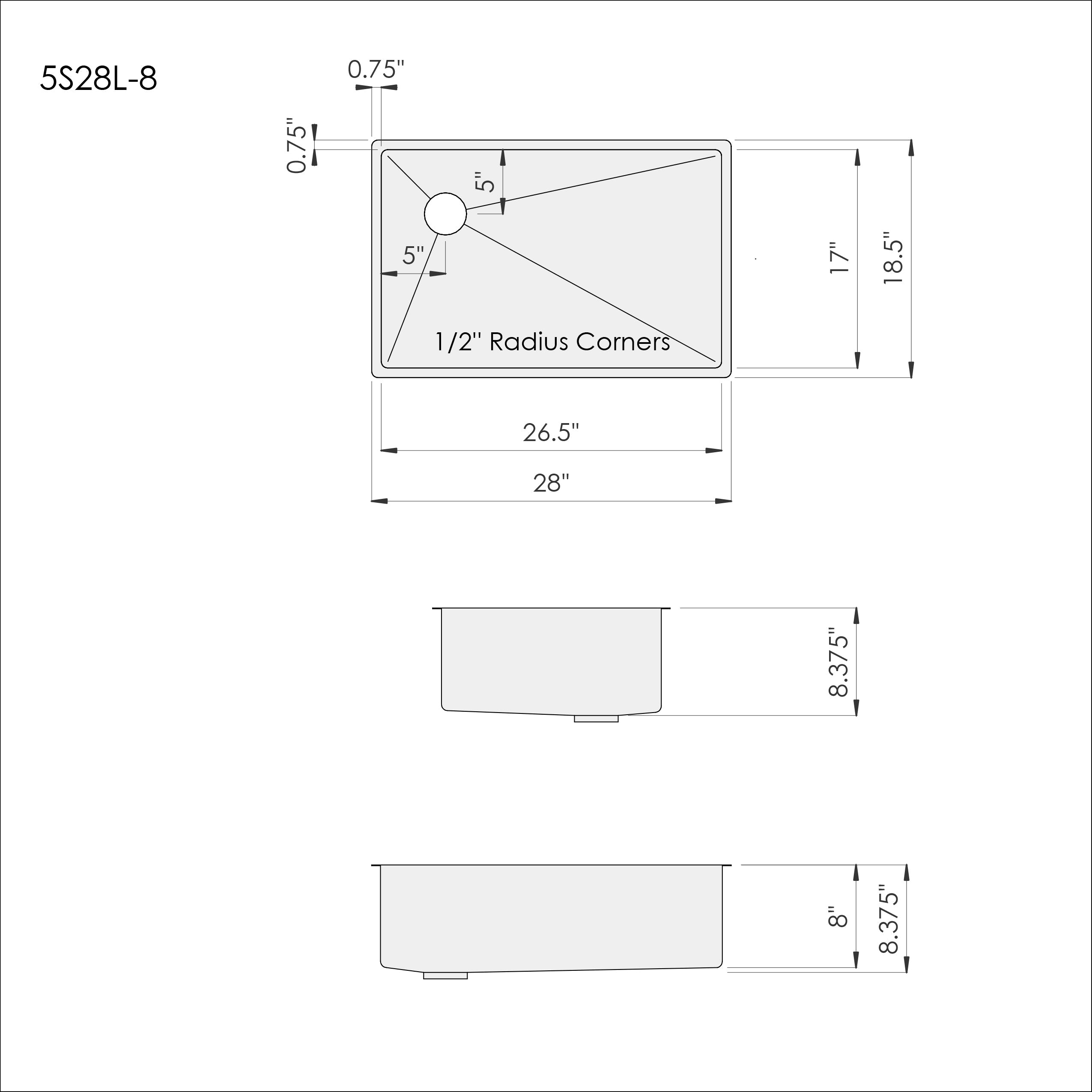 28 Workstation Sink - 8 Depth - Single Bowl - Offset Drain Right (5L