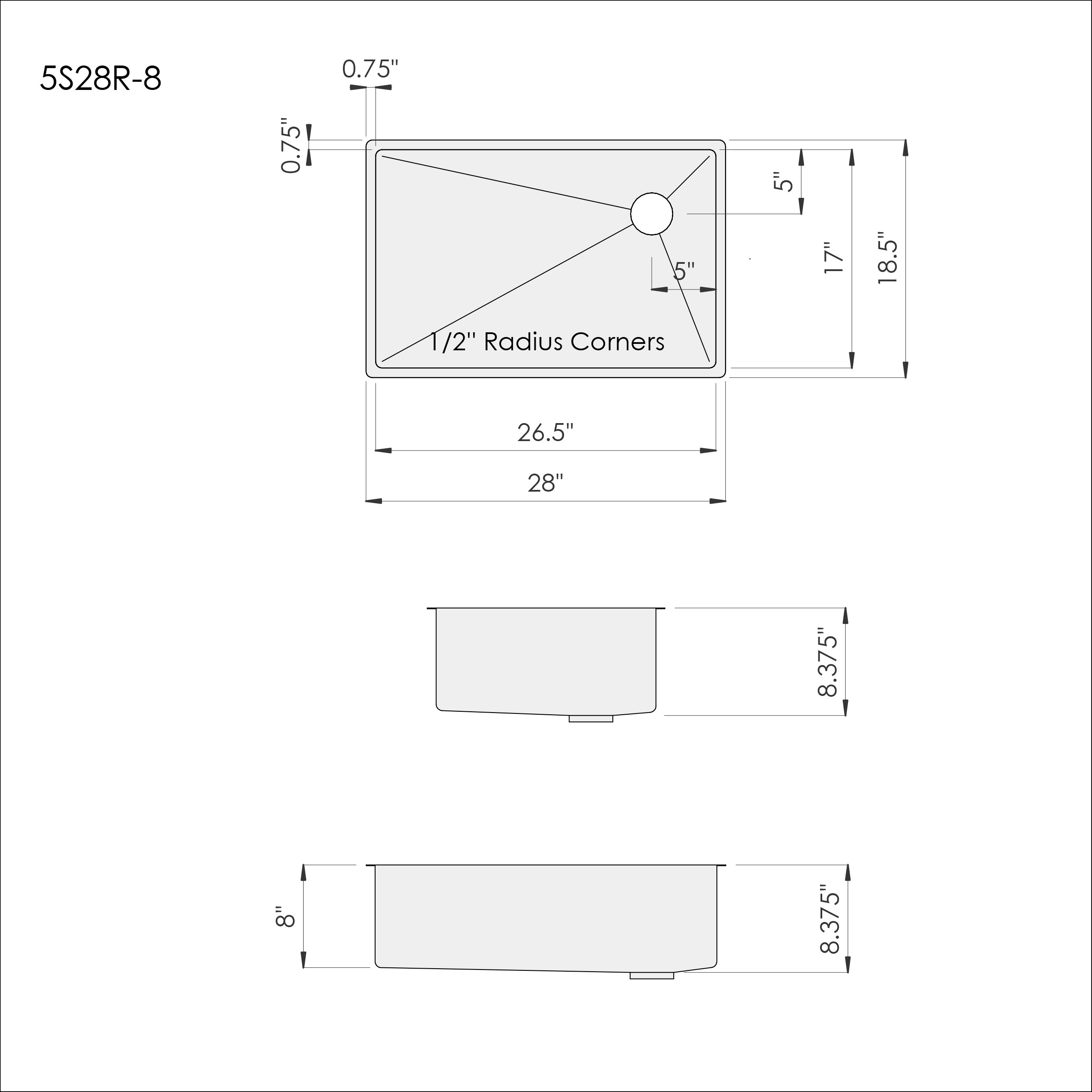 Technical drawing of 28-inch undermount stainless steel kitchen sink, detailing dimensions, offset right drain placement, and 1/2-inch radius corners.