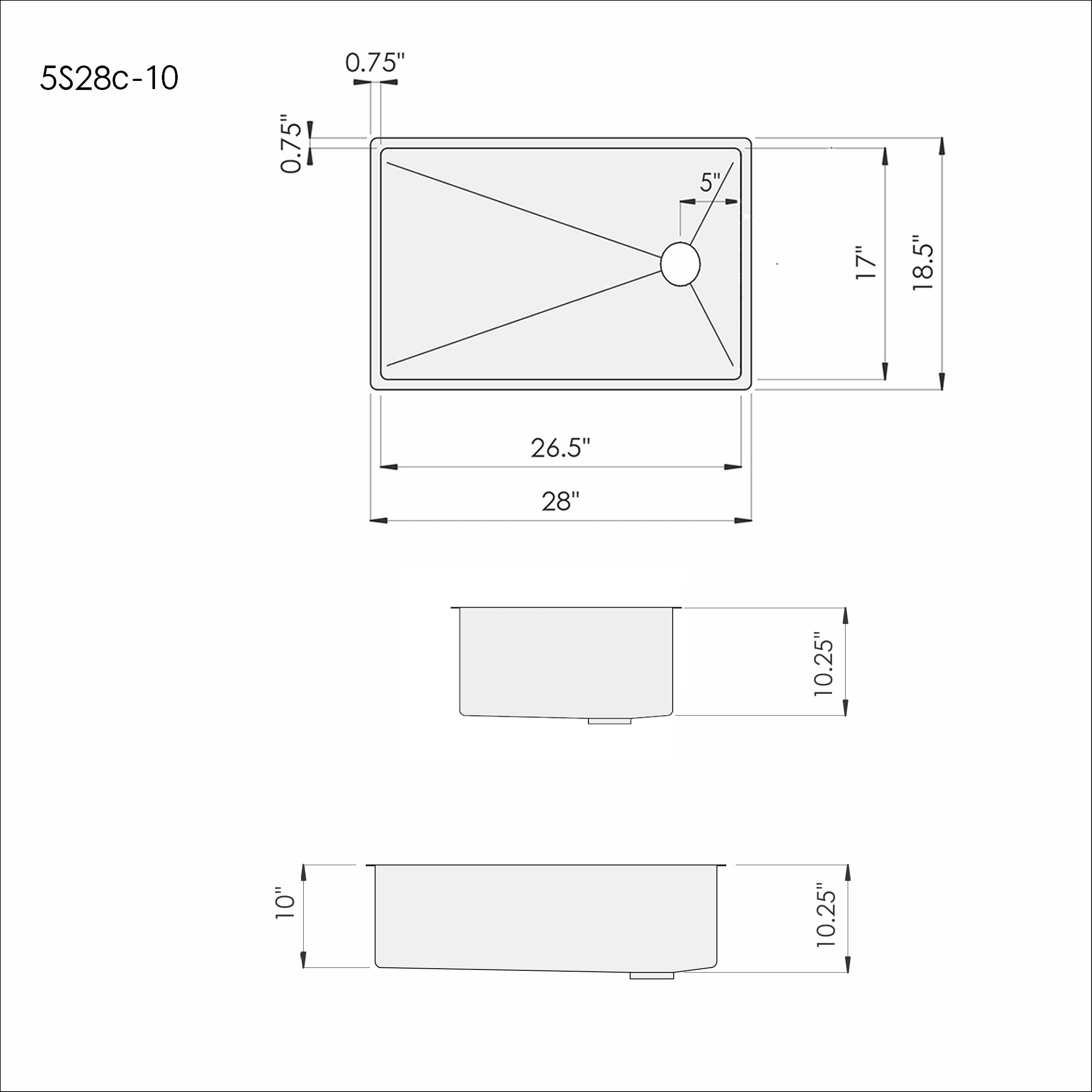 Technical drawing of the 28-inch undermount stainless steel kitchen sink, displaying dimensions, 10 inch depth, and offset drain placement.